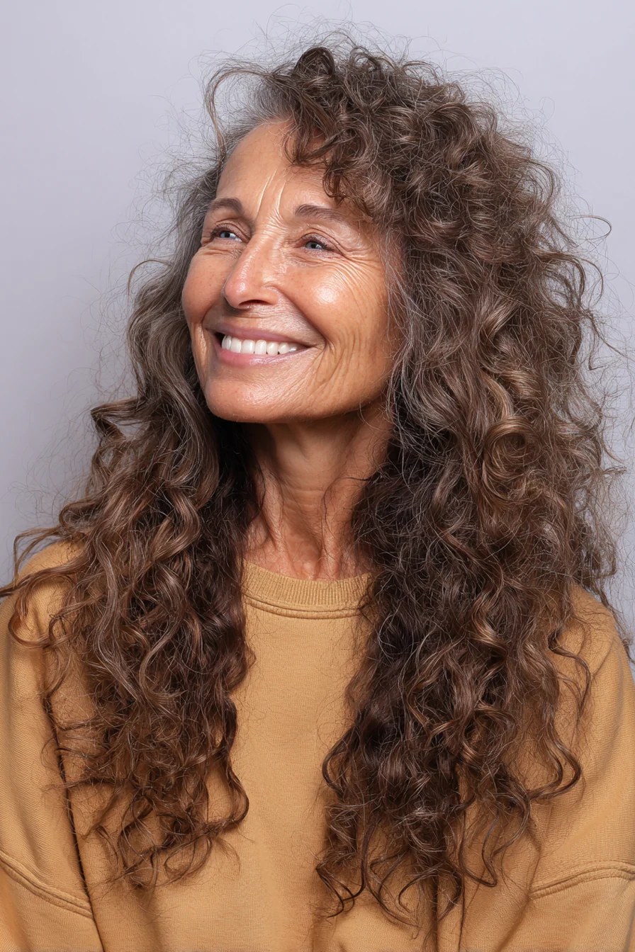 Very Long Brown Curls, Layered at the Ends Only — thick hair haircut on a woman over 70