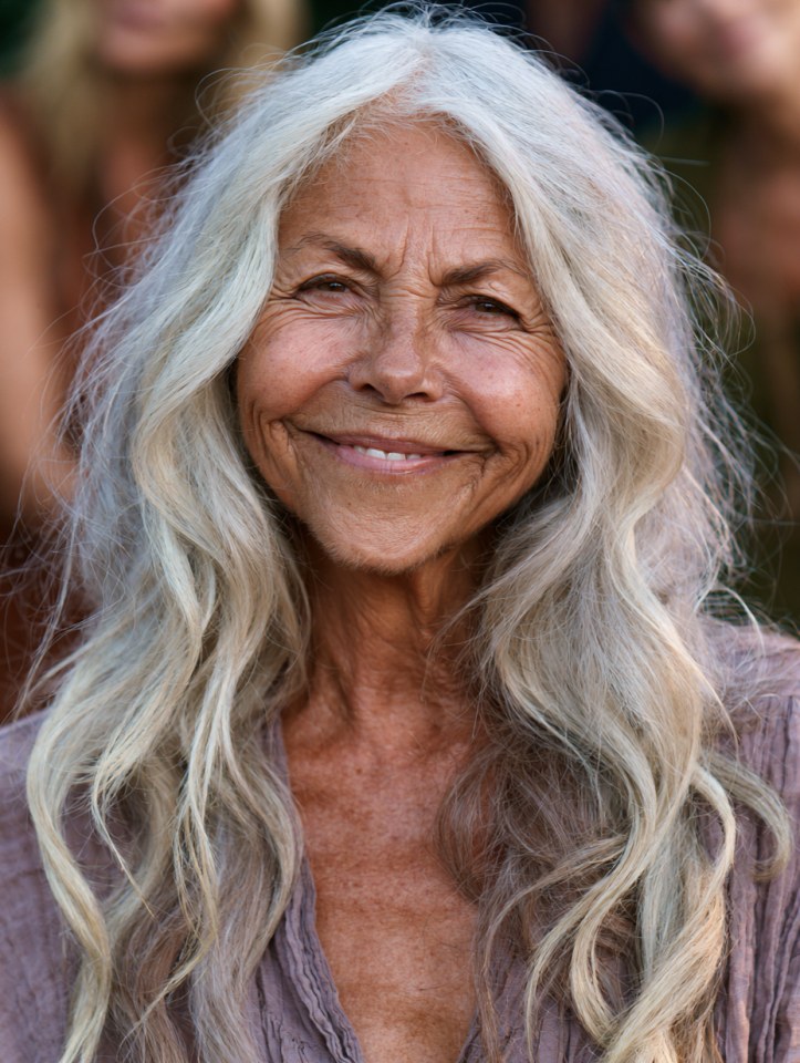 Long White Waves With a Gentle Side Sweep — thick hair haircut on a woman over 70