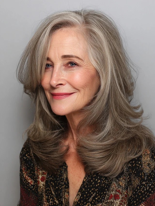 Long Feathered Layers for Thick Gray-Brown Hair — thick hair haircut on a woman over 70