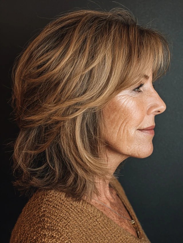 The Layered Brunette Bob With Sliced Ends — thick hair haircut on a woman over 70