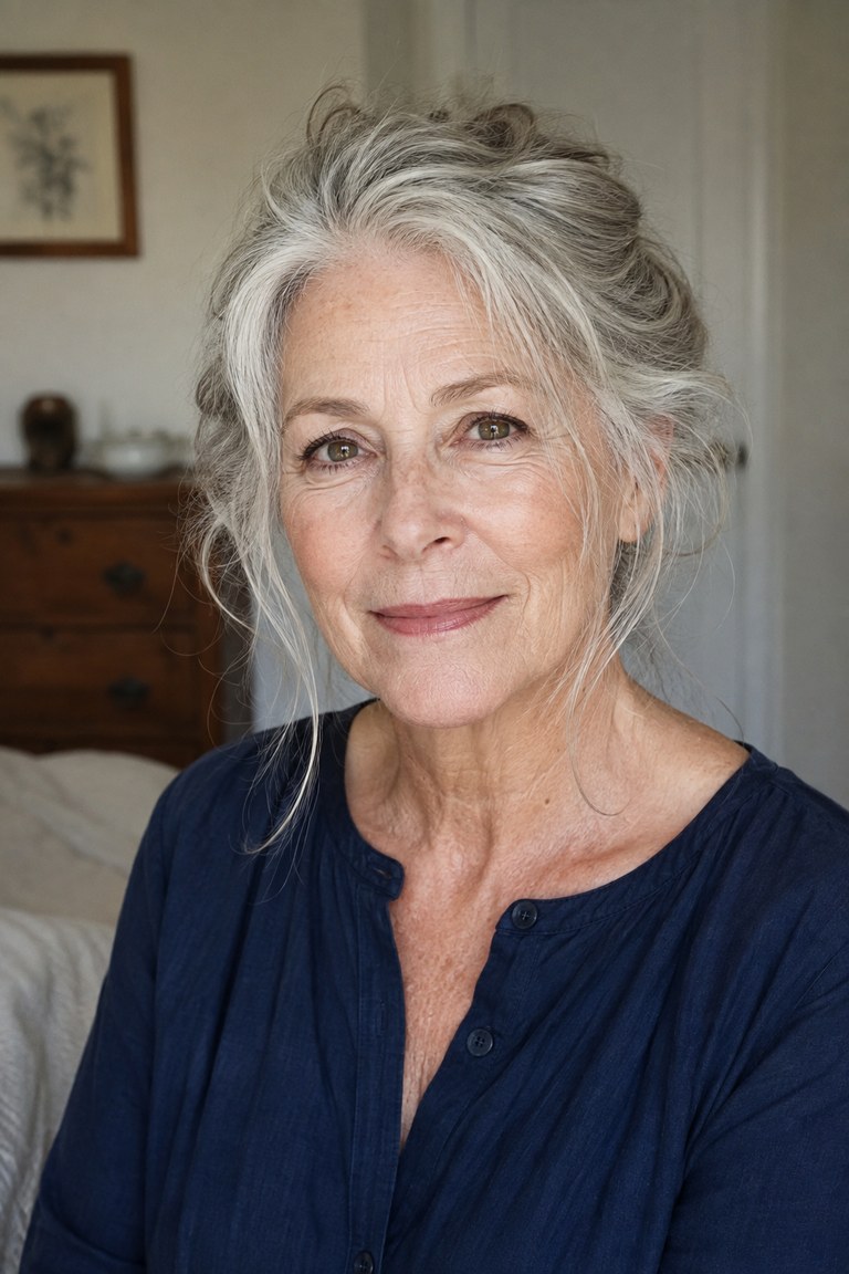 The Half-Up Twist That Tames Thick Gray Hair — thick hair haircut on a woman over 70