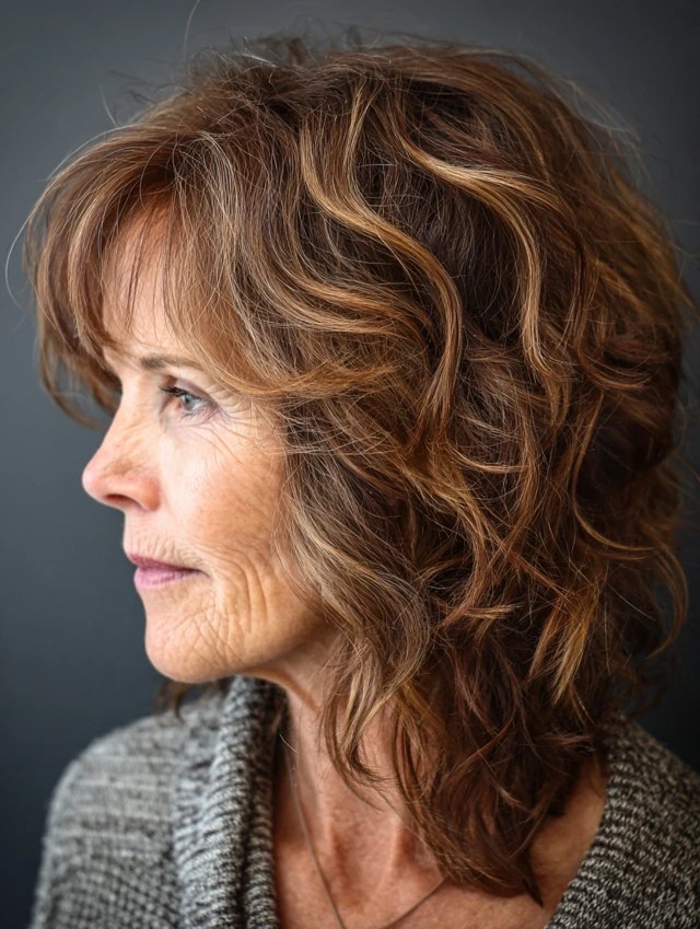 Warm Auburn Waves, Thick and Glossy — thick hair haircut on a woman over 70