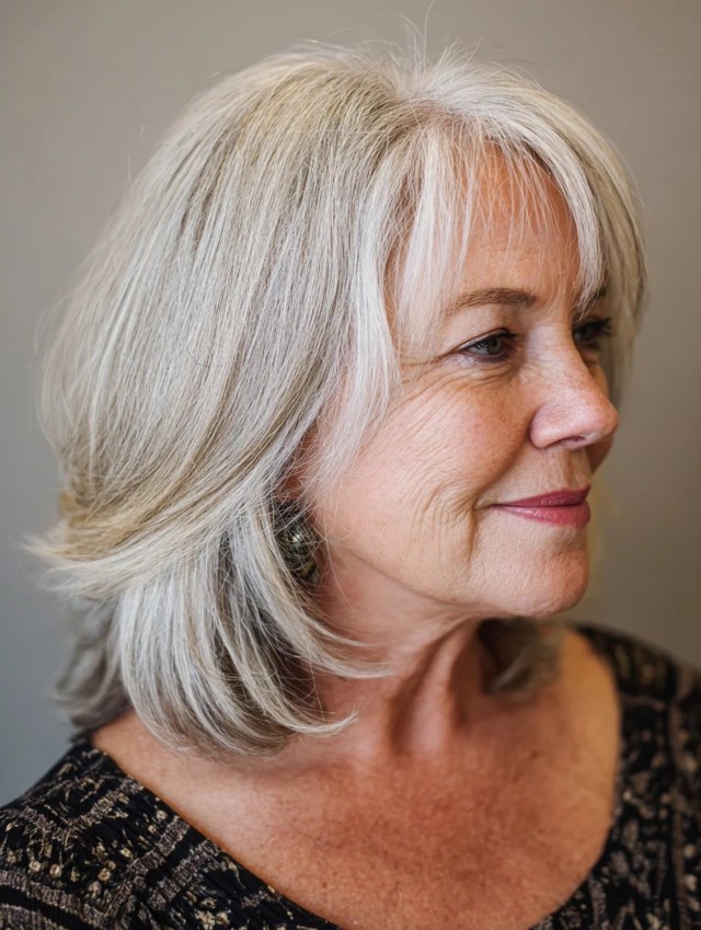 White Layered Medium Cut With a Soft Fringe Line — thick hair haircut on a woman over 70
