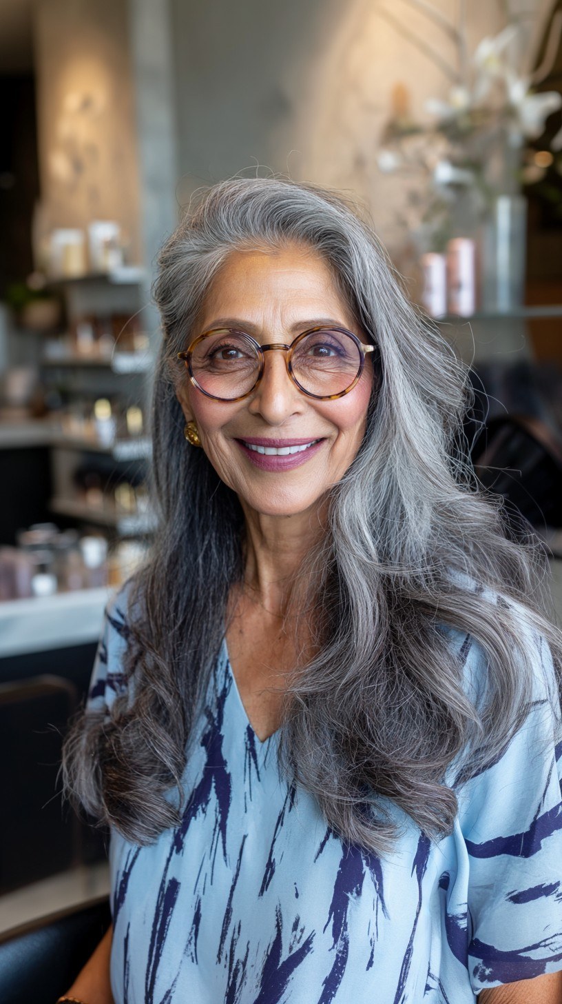 Long Gray Waves That Work With Glasses — thick hair haircut on a woman over 70