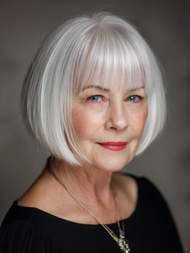Woman over 70 with rounded bob with full, curved ends — thin hair hairstyle for a woman over 70 that adds fullness