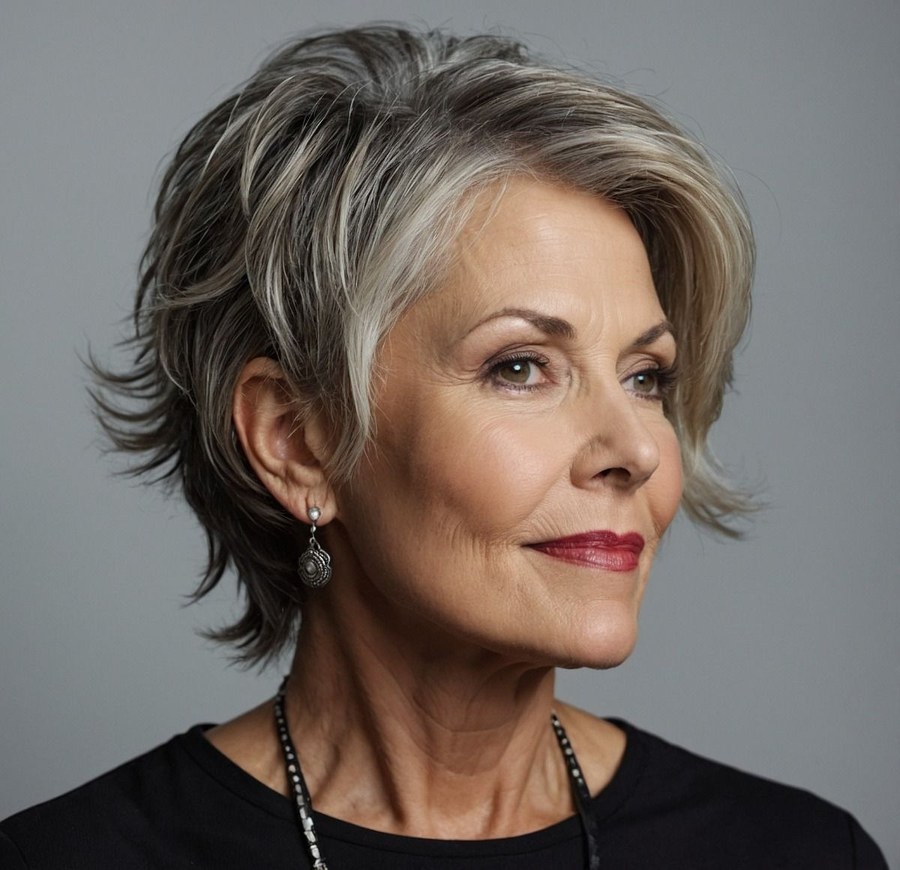 Woman over 70 with short shag with choppy layers — thin hair hairstyle for a woman over 70 that adds fullness