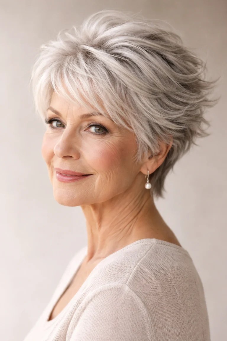 Woman over 70 with feathered shag with a soft fringe — thin hair hairstyle for a woman over 70 that adds fullness