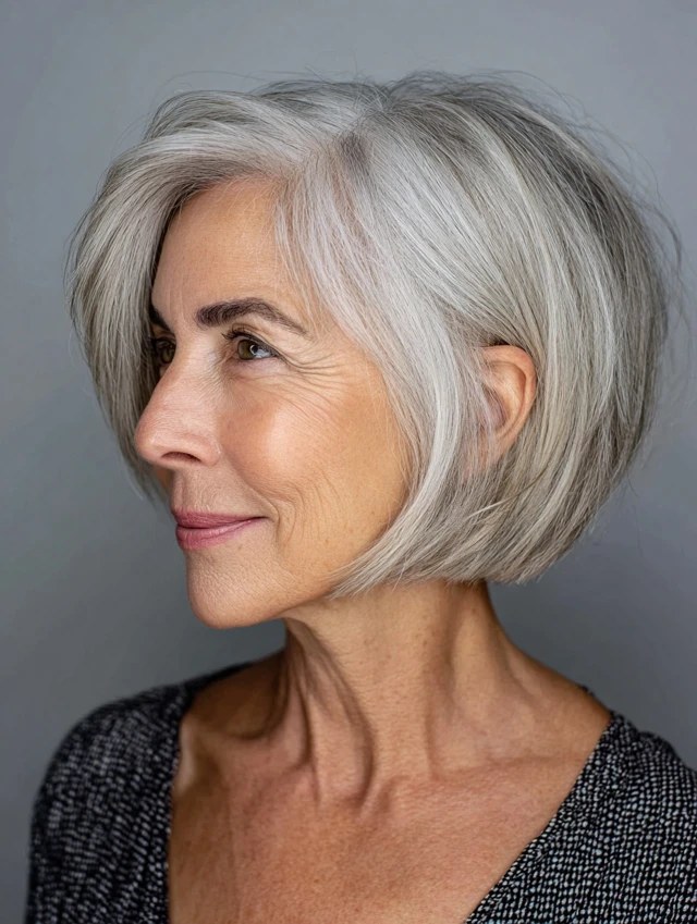 Woman over 70 with asymmetrical bob with a longer front — thin hair hairstyle for a woman over 70 that adds fullness