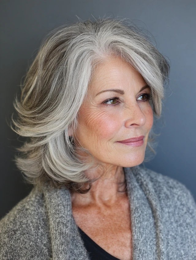 Woman over 70 with voluminous blowout bob with bent ends — thin hair hairstyle for a woman over 70 that adds fullness
