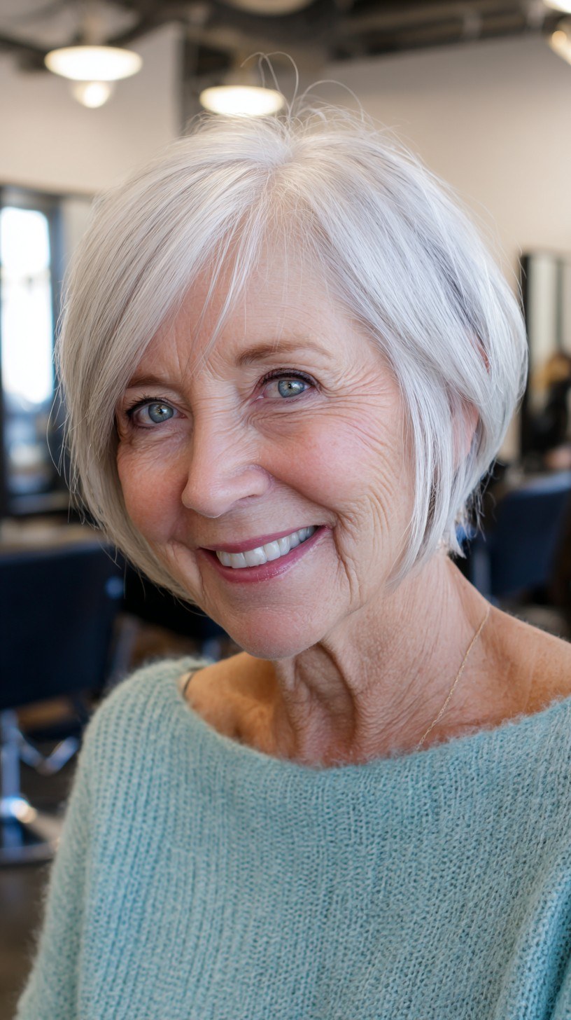 Woman over 70 with blunt chin-length bob with solid ends — thin hair hairstyle for a woman over 70 that adds fullness