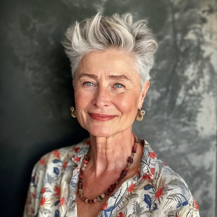 Woman over 70 with textured crop with piecey ends — thin hair hairstyle for a woman over 70 that adds fullness