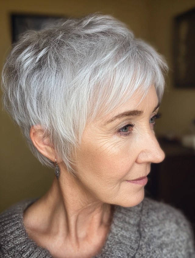Woman over 70 with ear-length pixie bob (bixie) with volume on top — thin hair hairstyle for a woman over 70 that adds fullness