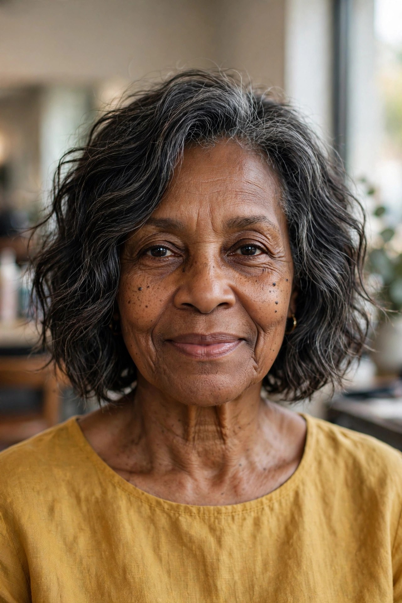 Tousled Bob with Gray-Streaked Black Hair - tousled wavy bob for woman over 60