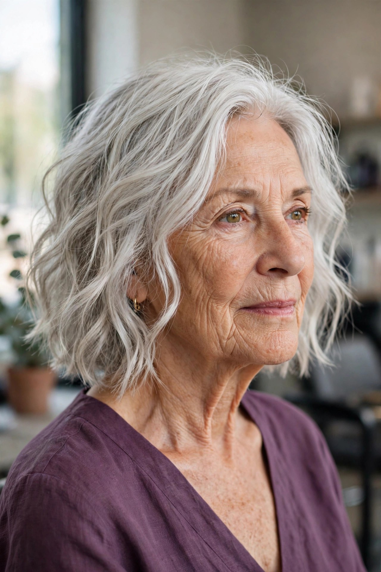 Tousled Wavy Lob in Silver White - tousled wavy bob for woman over 60