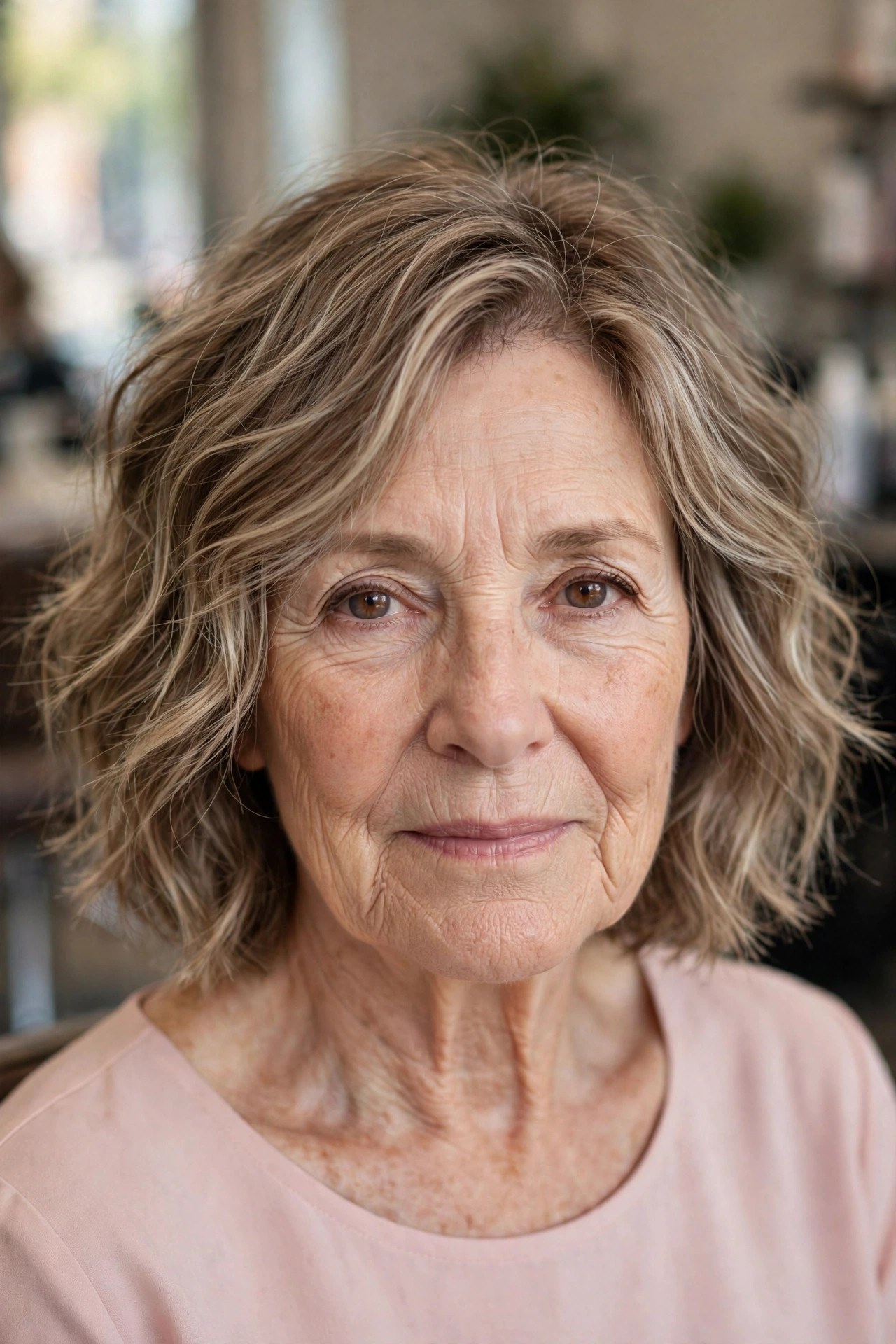 Tousled Bob for Fine Hair in Ash Brown - tousled wavy bob for woman over 60