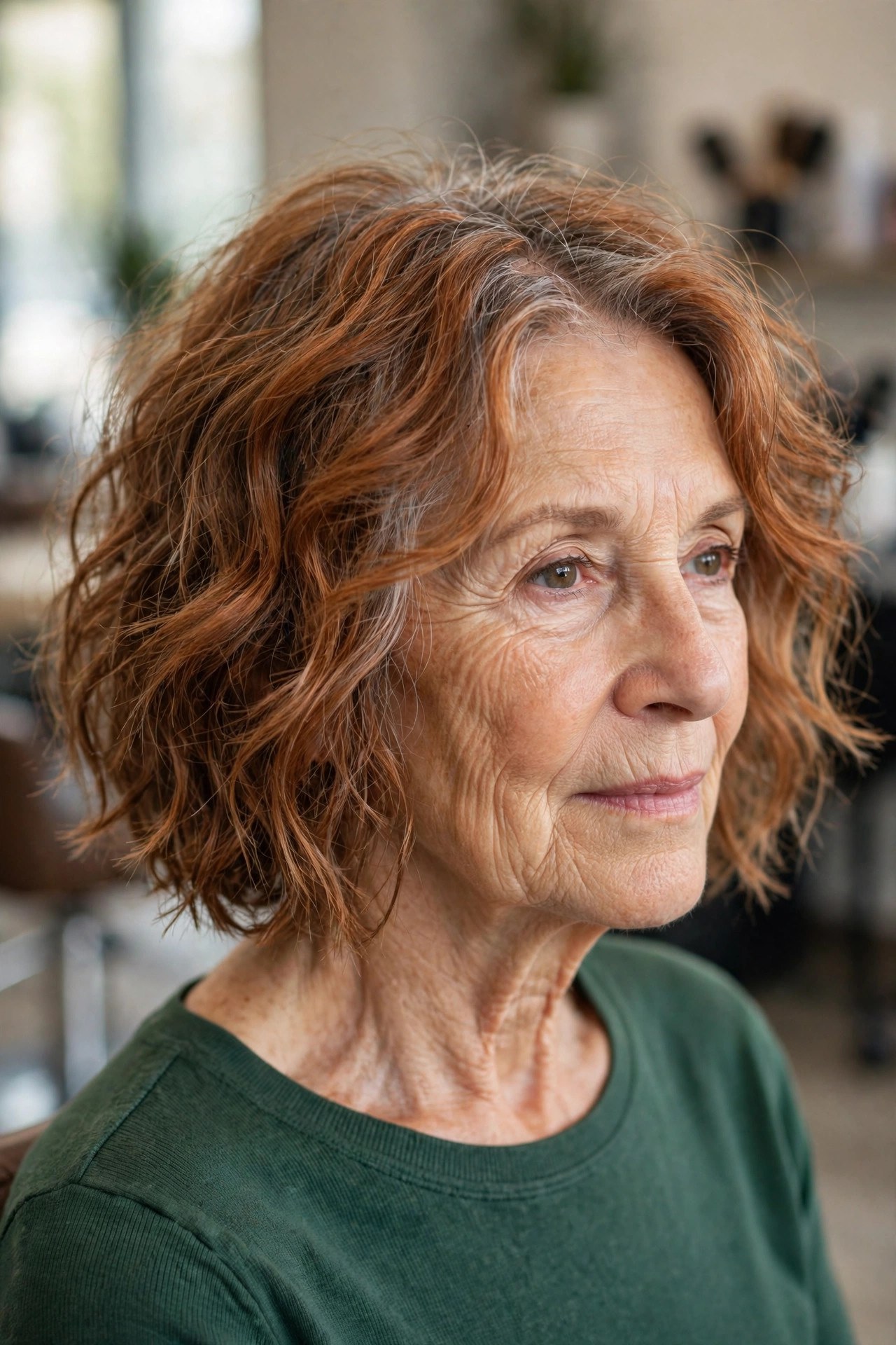 Razored Copper Tousled Bob - tousled wavy bob for woman over 60