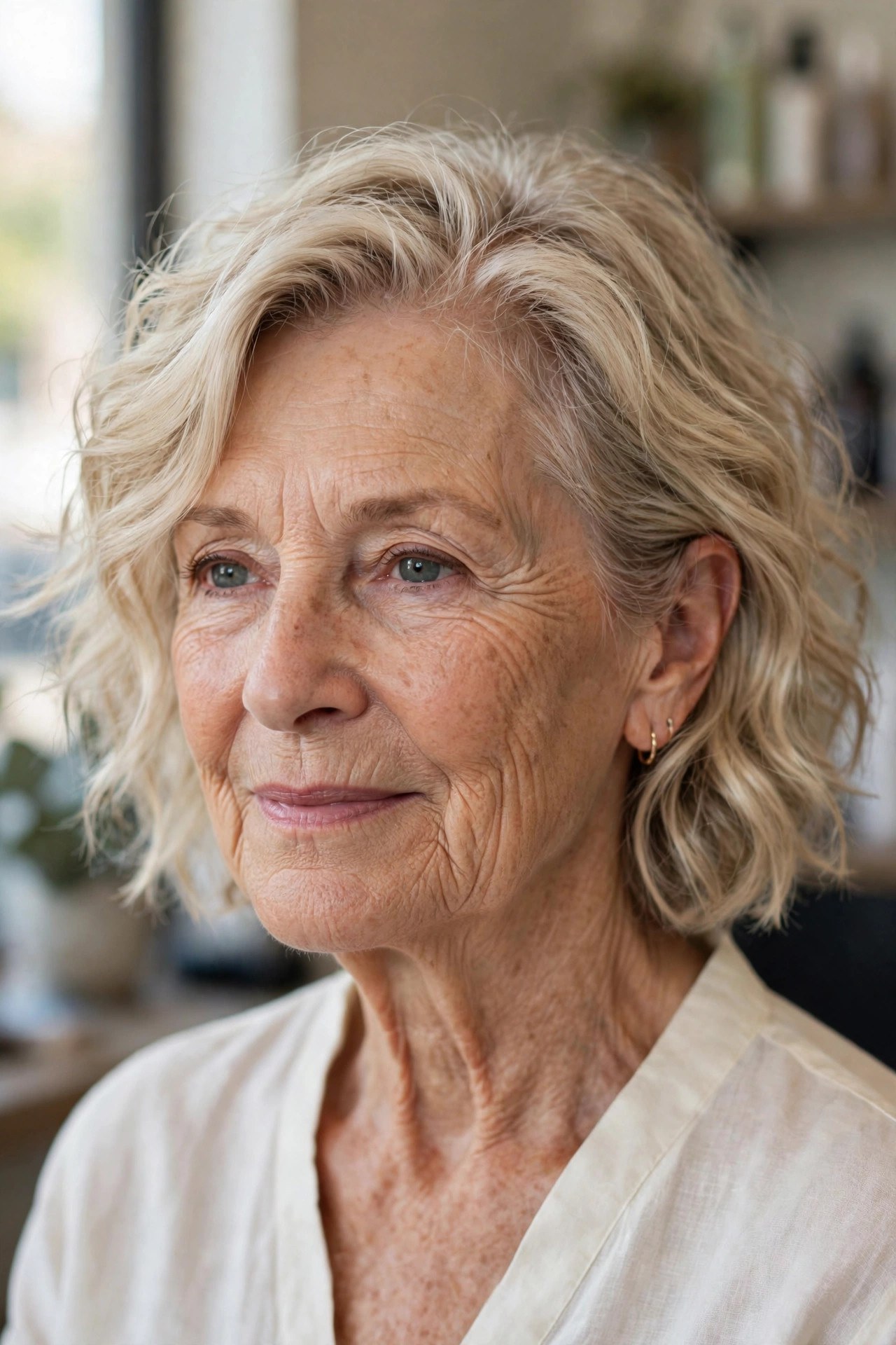Ear-Tucked Tousled Bob in Champagne Blonde - tousled wavy bob for woman over 60