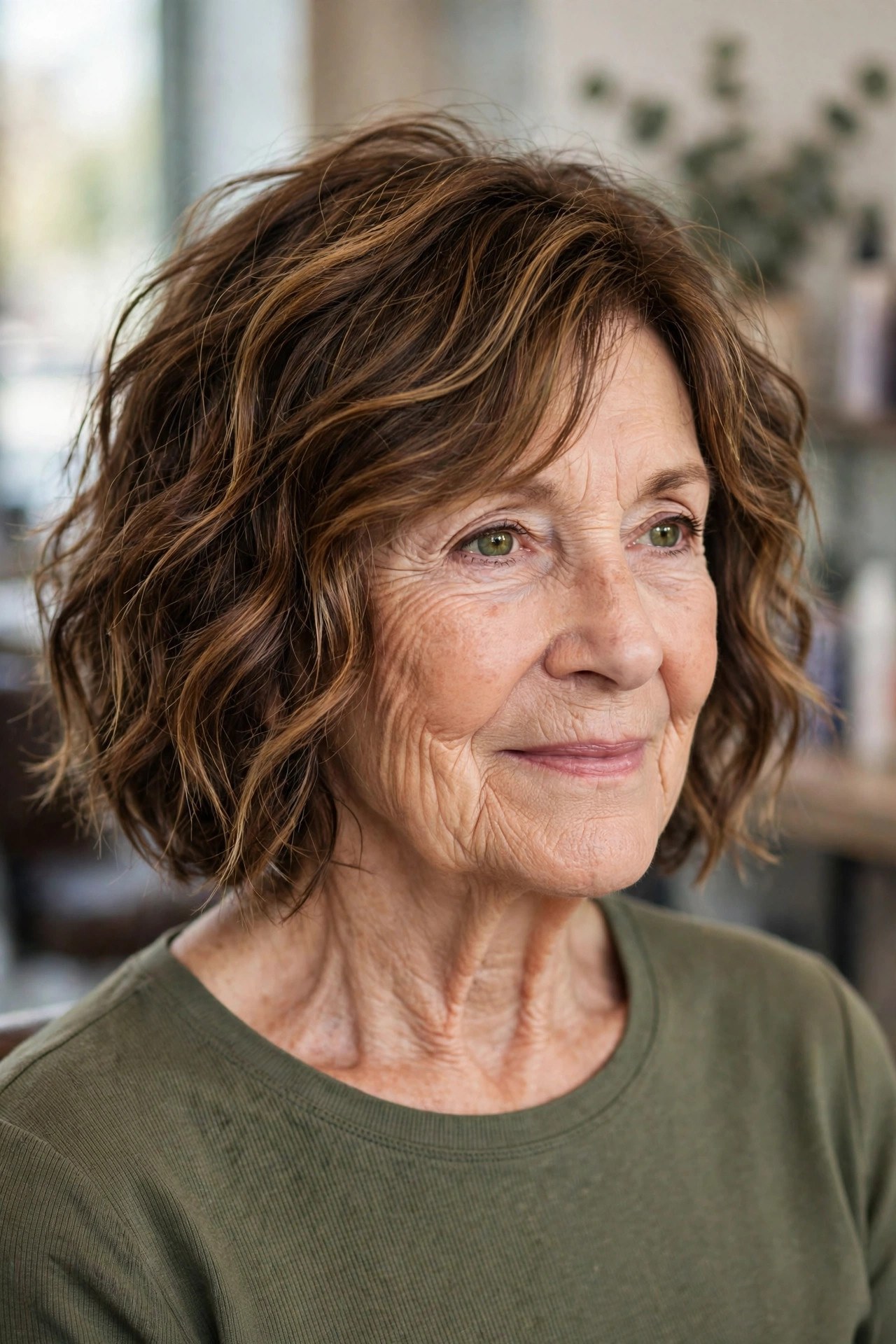 Shaggy Tousled Bob in Warm Brunette - tousled wavy bob for woman over 60