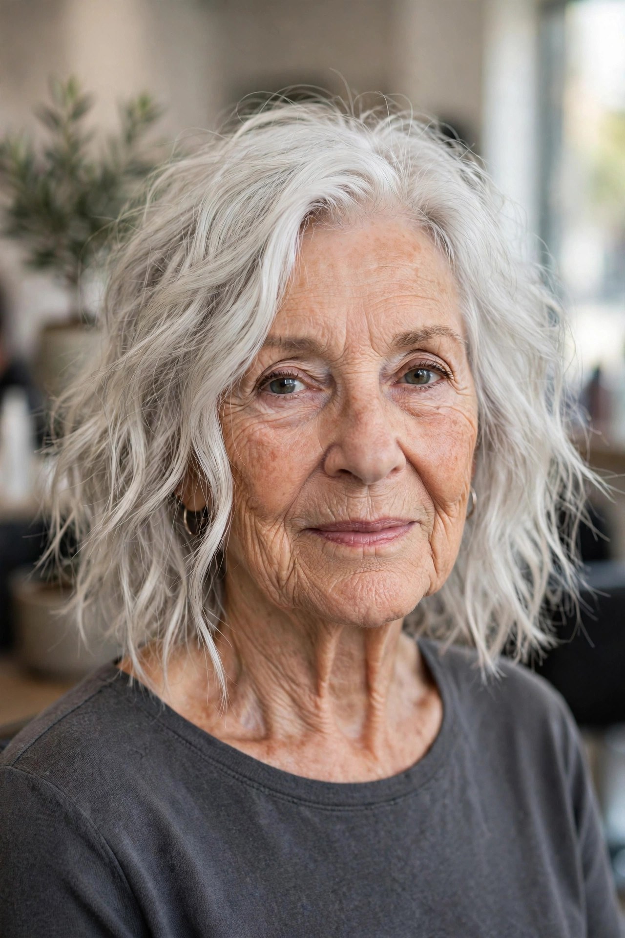 Platinum Tousled Bob with Face-Framing Pieces - tousled wavy bob for woman over 60