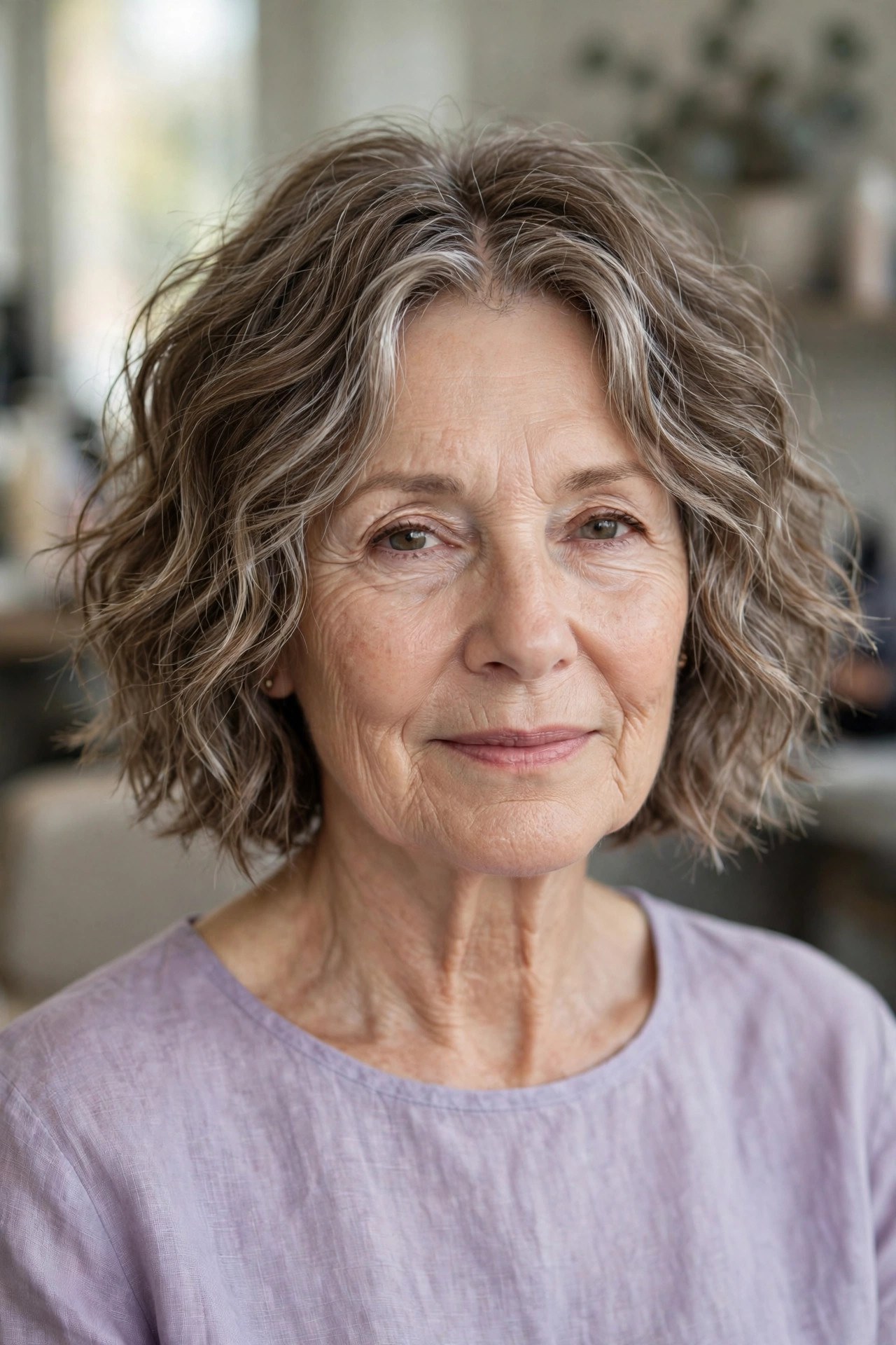 Center Part Tousled Bob in Mushroom Brown - tousled wavy bob for woman over 60