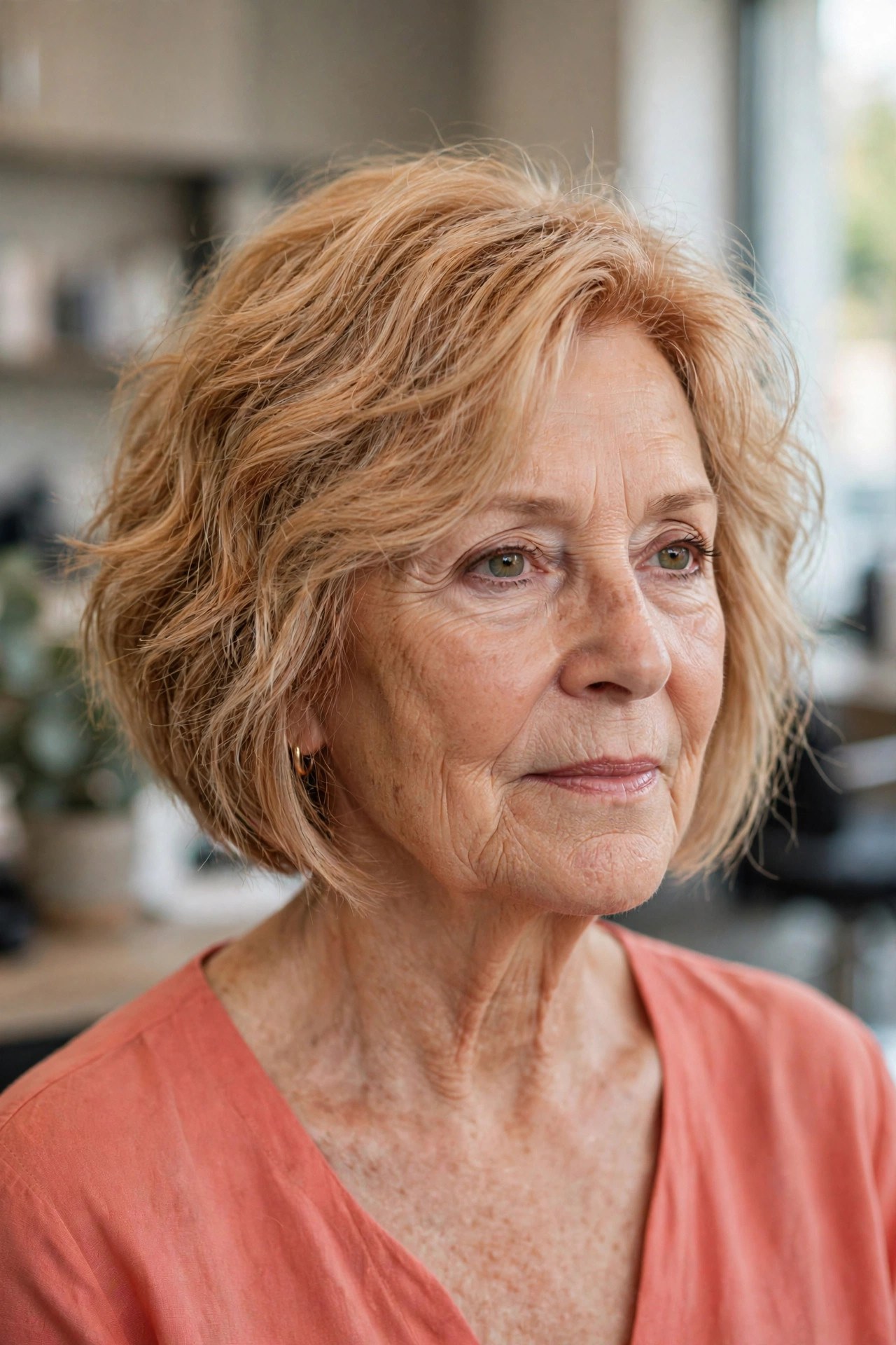 Inverted Tousled Bob in Strawberry Blonde - tousled wavy bob for woman over 60