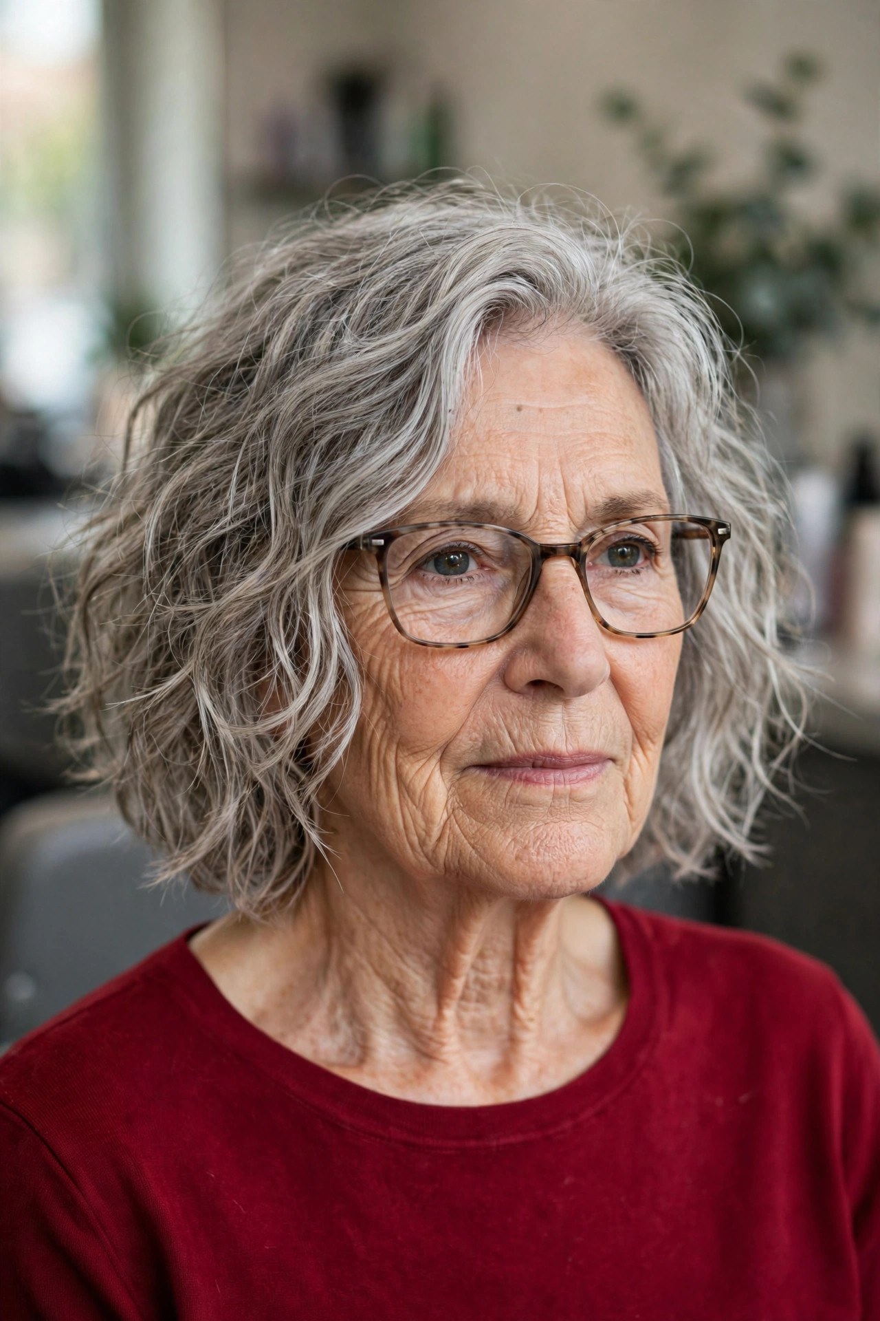 Steel Gray Tousled Bob with Glasses - tousled wavy bob for woman over 60