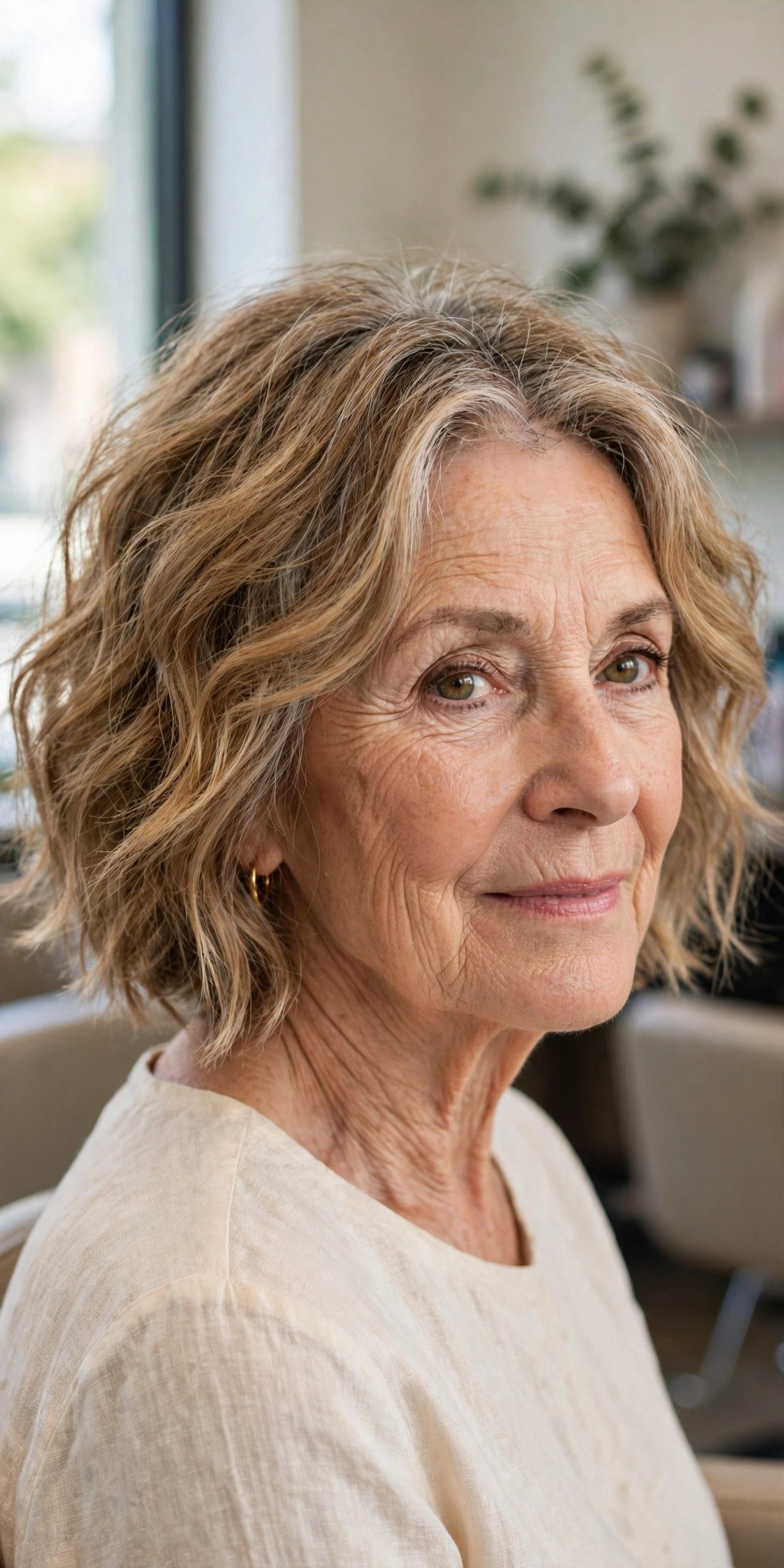 A-Line Tousled Bob in Honey Blonde - tousled wavy bob for woman over 60