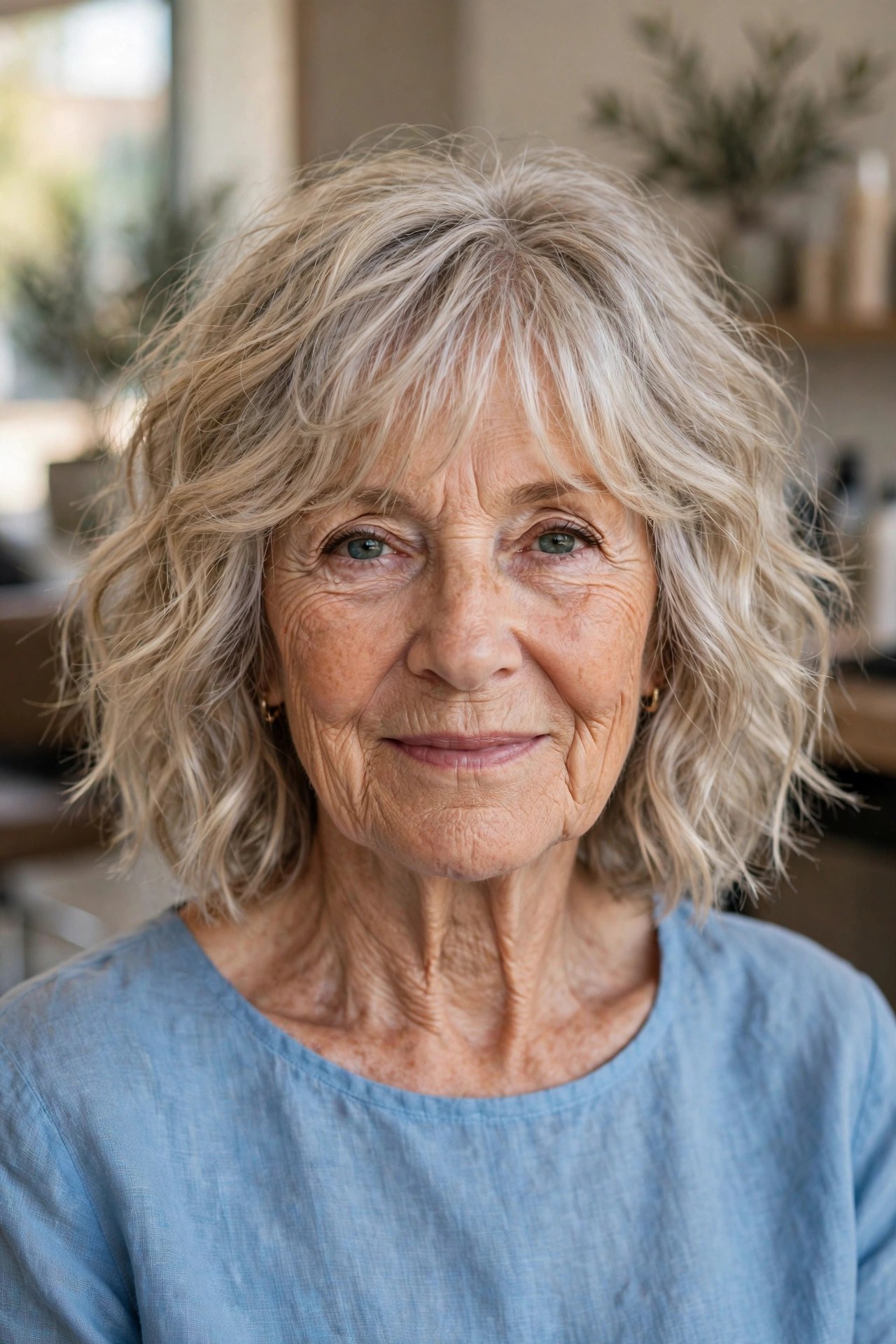 Wispy Silver Blonde Tousled Bob - tousled wavy bob for woman over 60