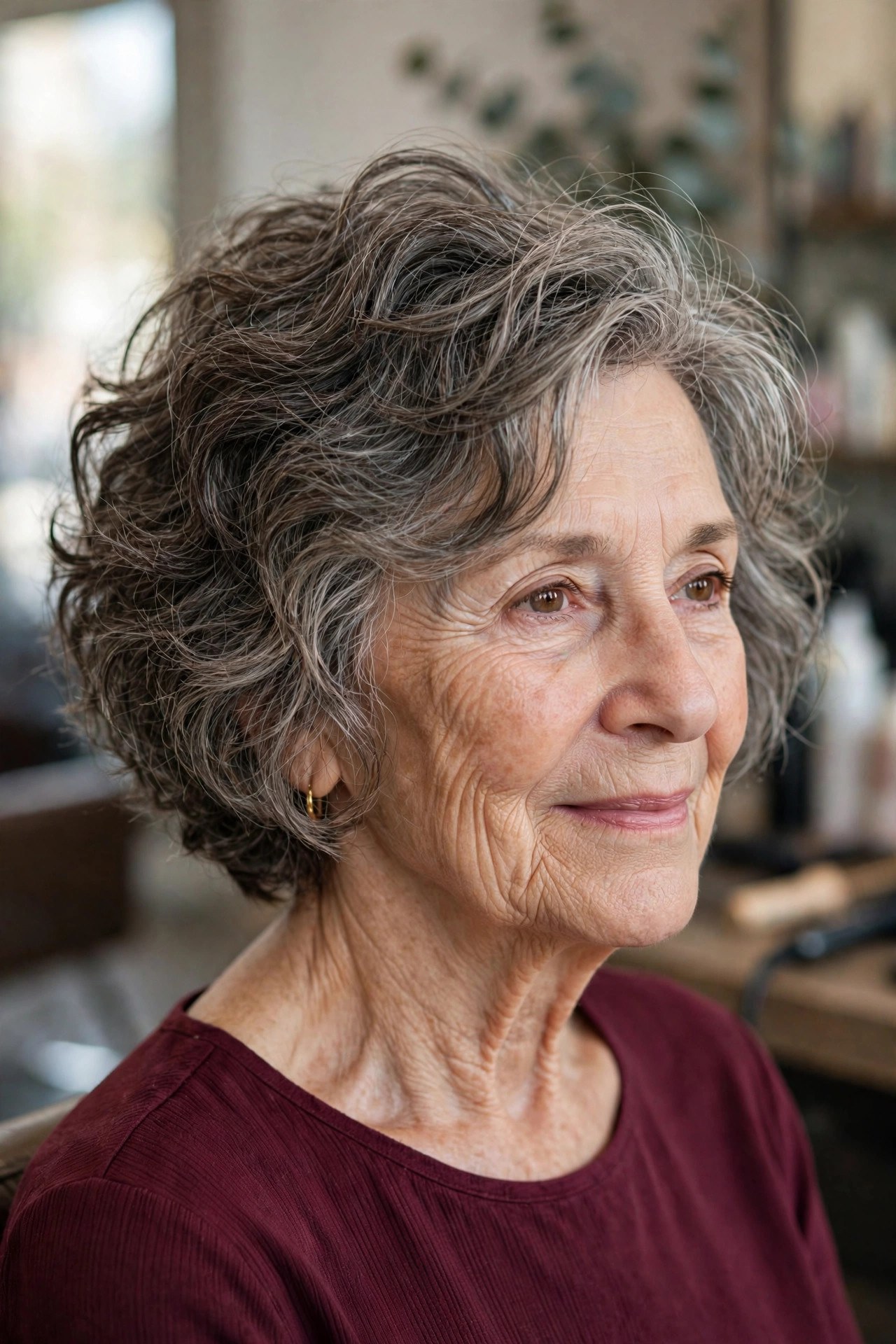 Stacked Tousled Bob in Salt-and-Pepper - tousled wavy bob for woman over 60