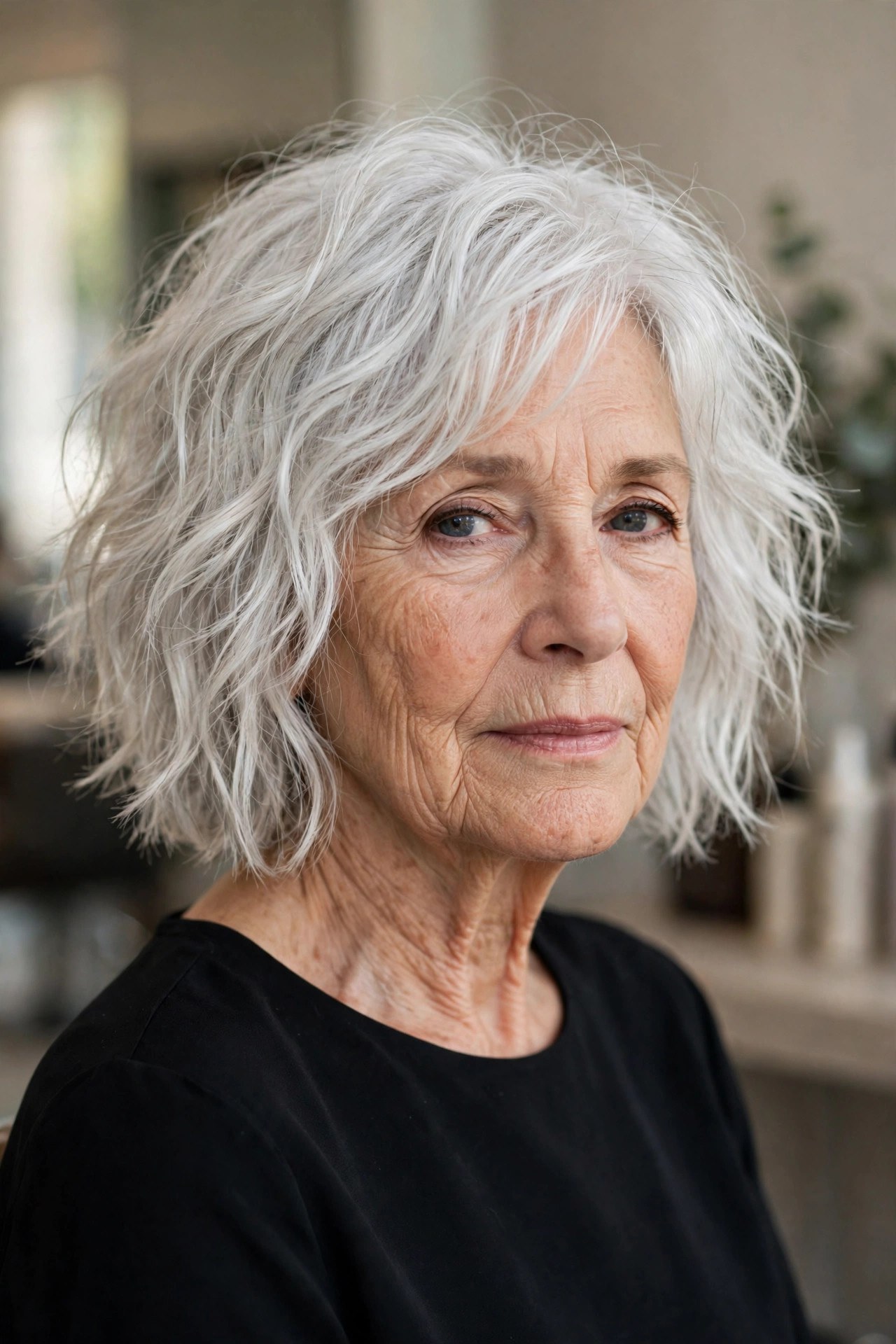 Choppy White Tousled Bob - tousled wavy bob for woman over 60