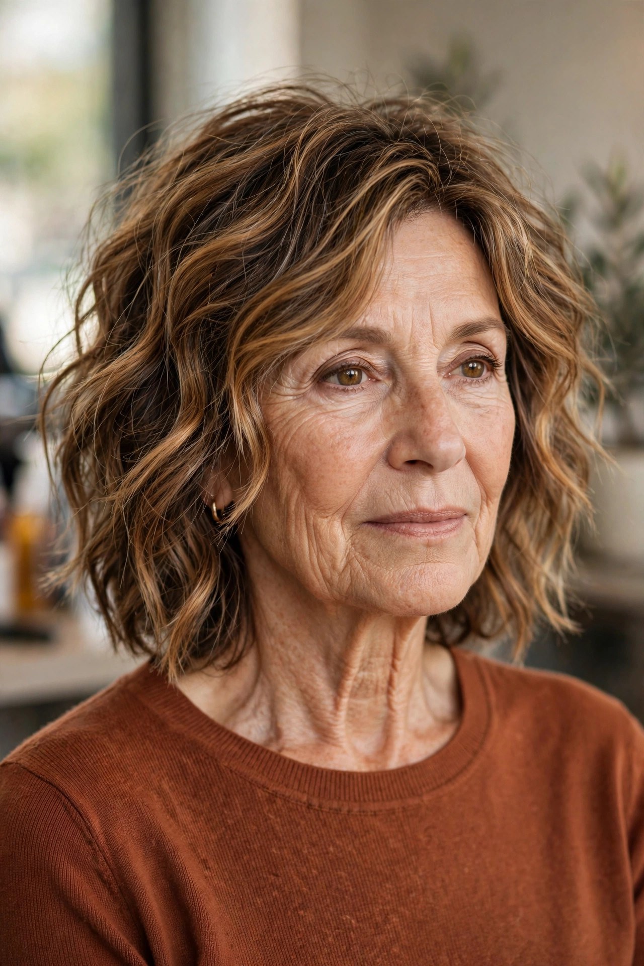 Textured Caramel Balayage Tousled Bob - tousled wavy bob for woman over 60