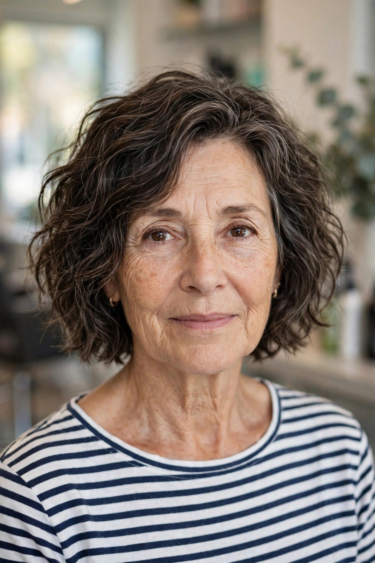 French Tousled Bob in Dark Brown - tousled wavy bob for woman over 60