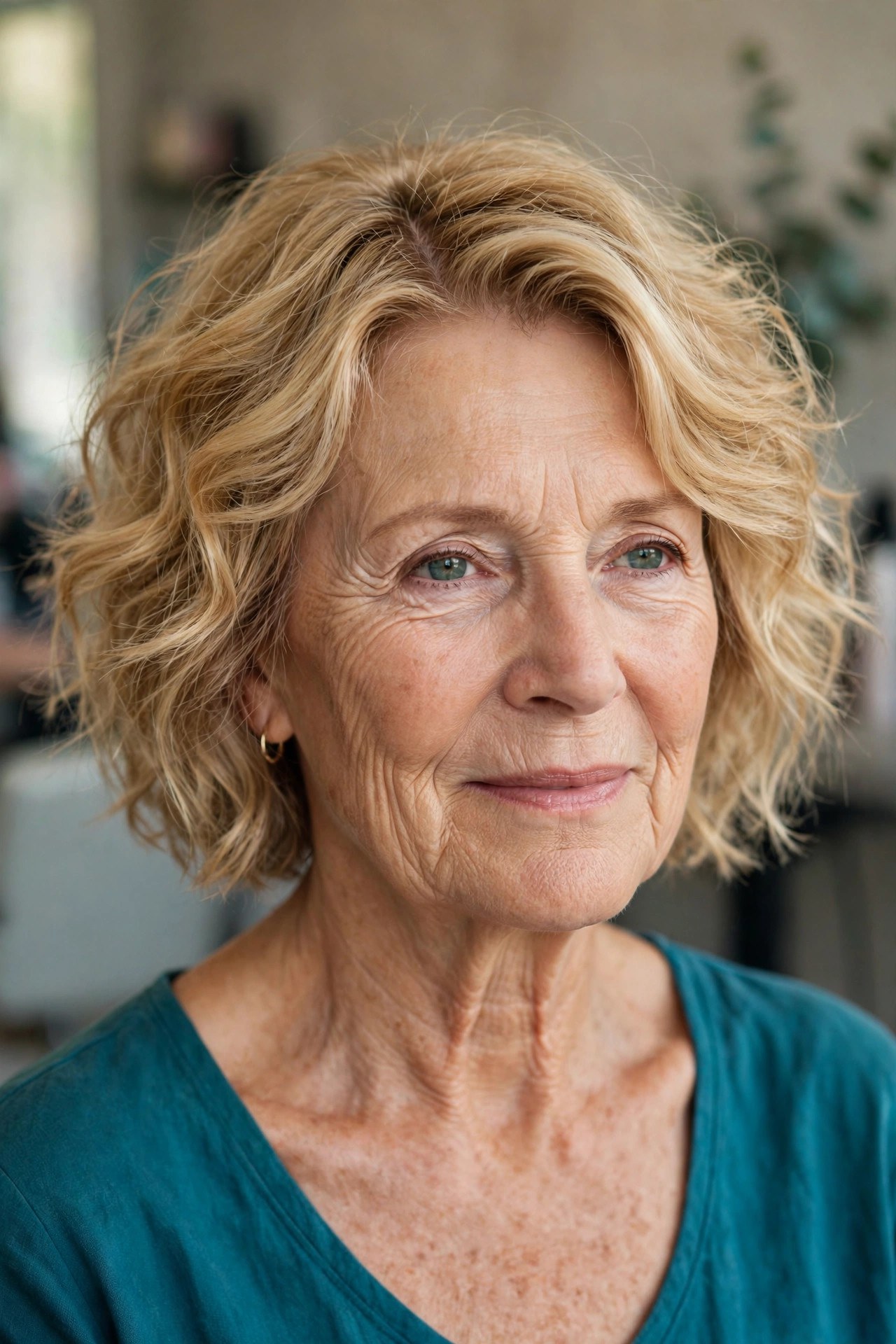 Deep Side Part Tousled Bob in Golden Blonde - tousled wavy bob for woman over 60