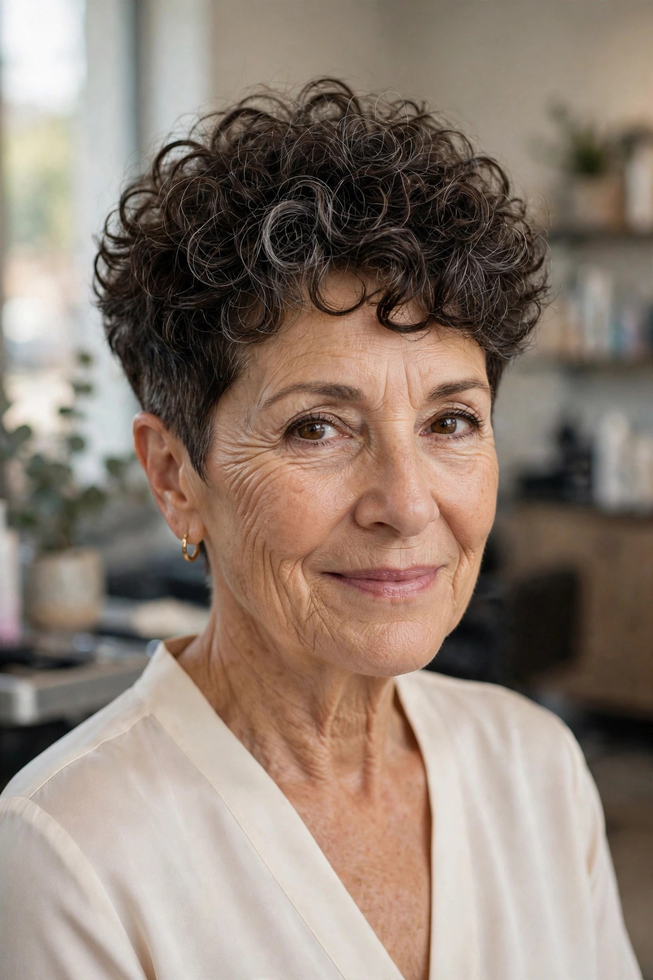 The Curly Pixie on a woman over 50 - trendy 2026 haircut