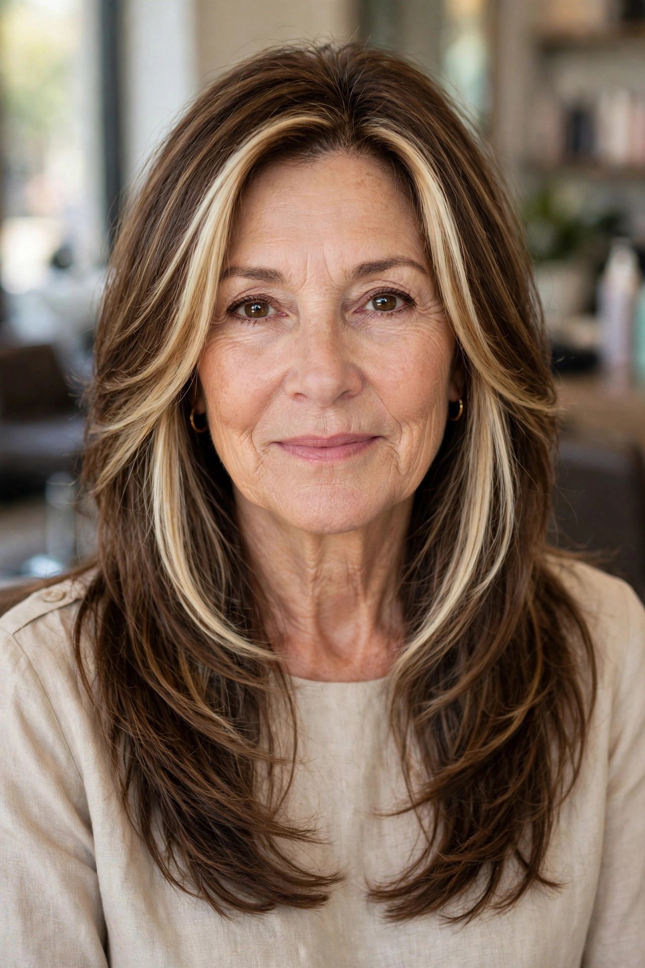 Long Layers with Face-Framing Highlights on a woman over 50 - trendy 2026 haircut