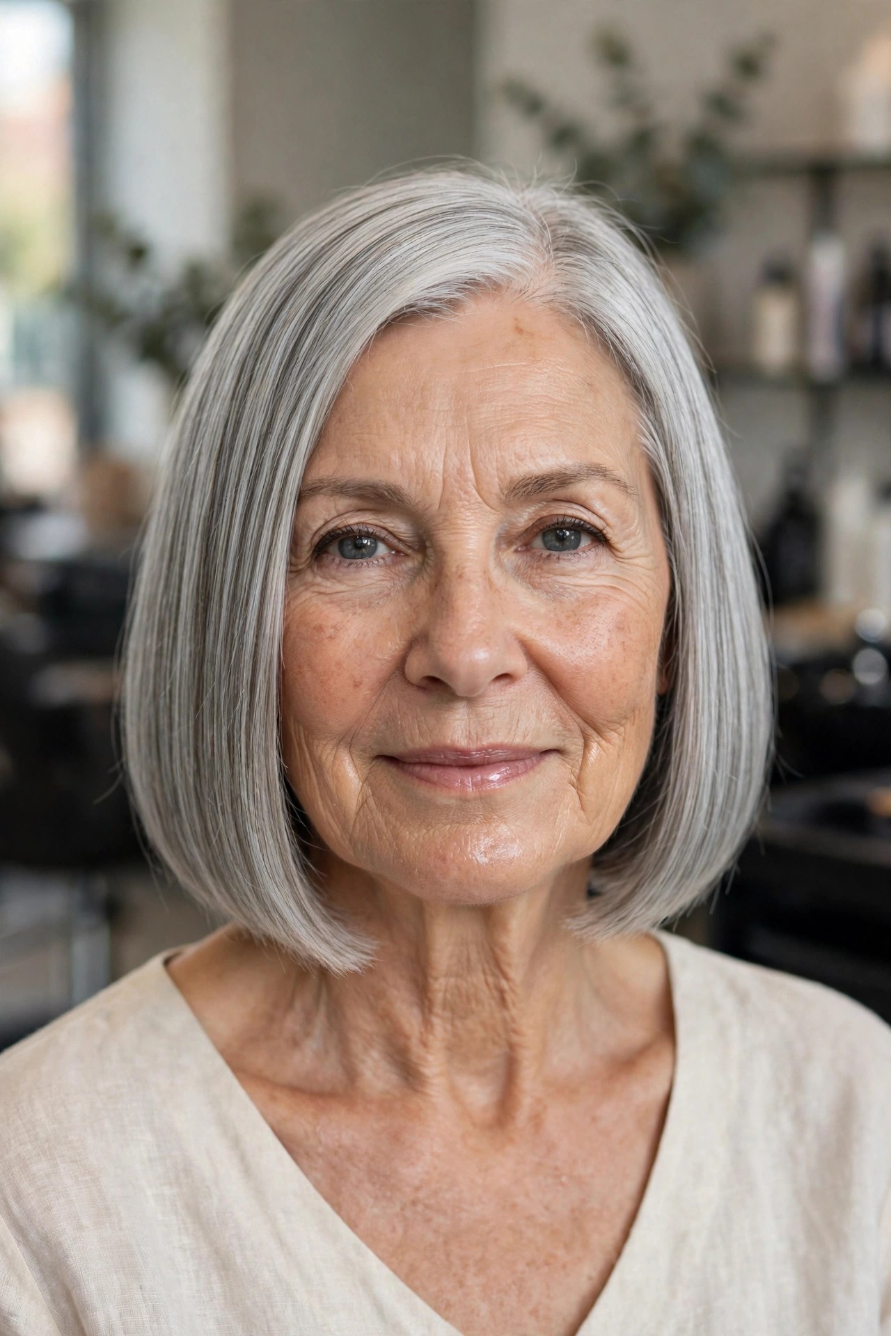 The Silver-Forward Blunt Bob on a woman over 50 - trendy 2026 haircut