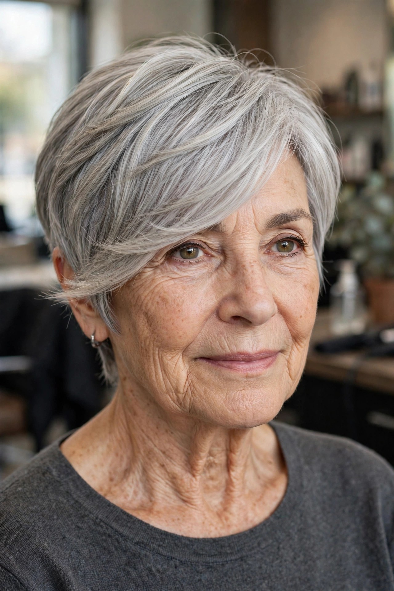 Side-Swept Pixie Bob on a woman over 60
