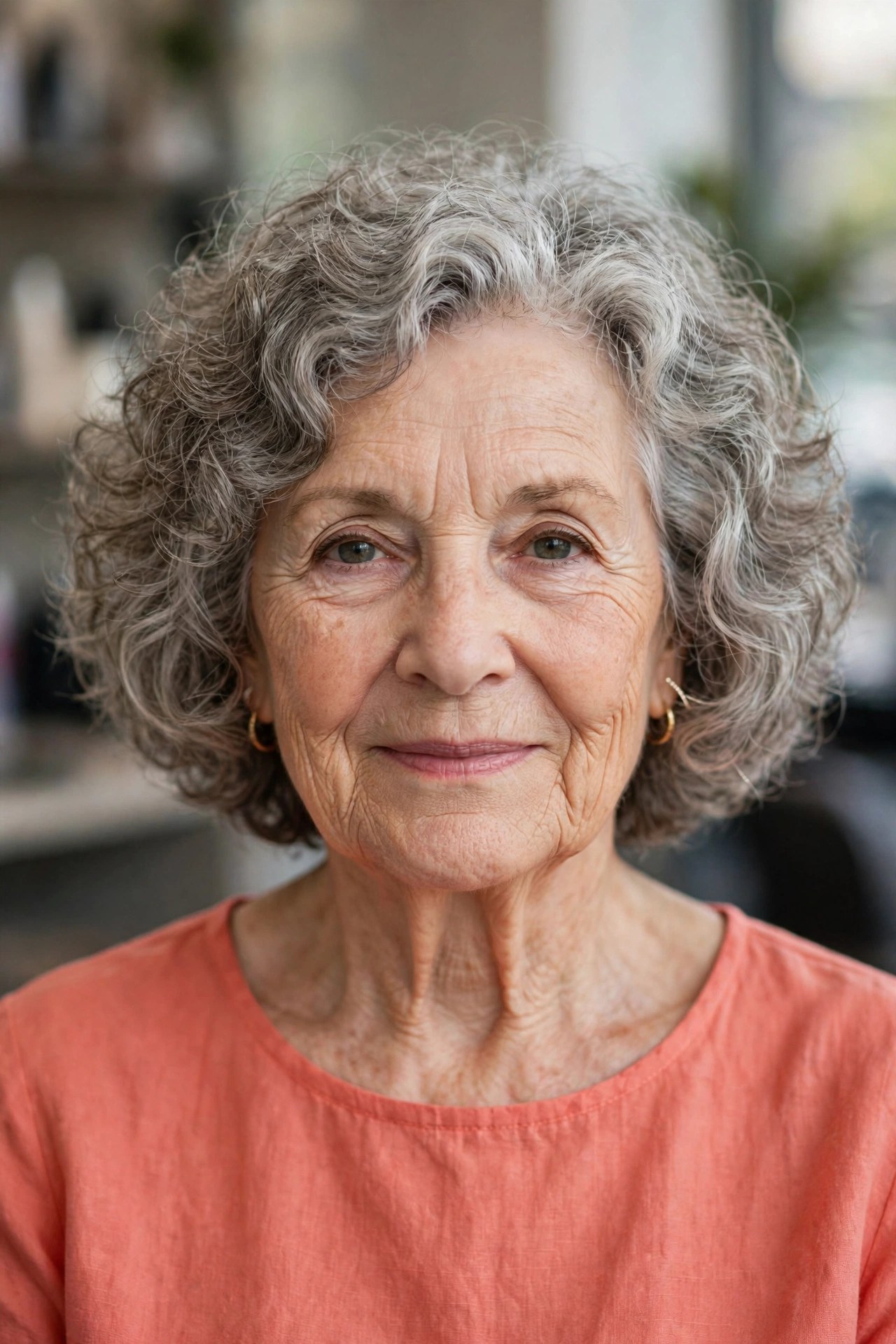 Curly Bob in Natural Gray on a woman over 60