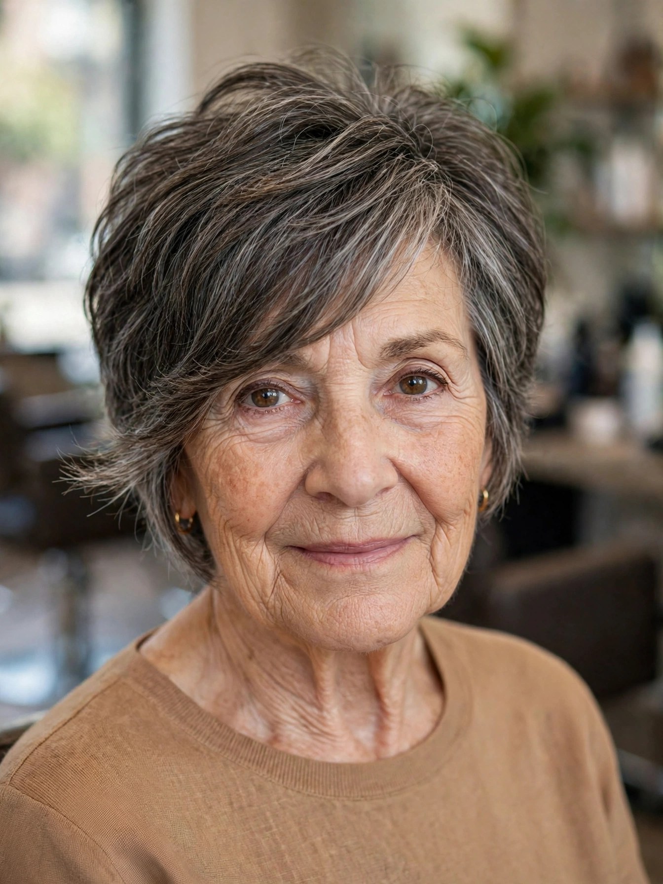 Long Pixie with a Sweeping Fringe on a woman over 60