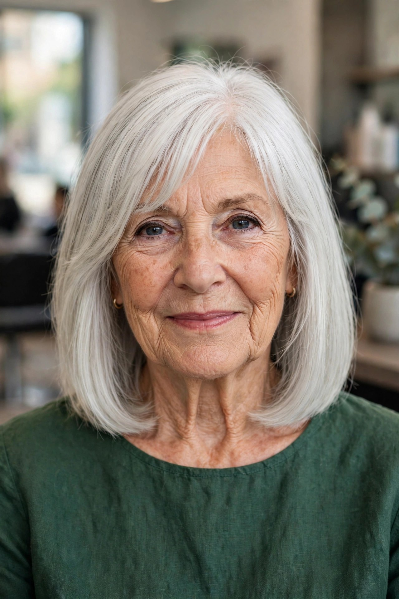 The Clavicut with Curtain Layers on a woman over 60