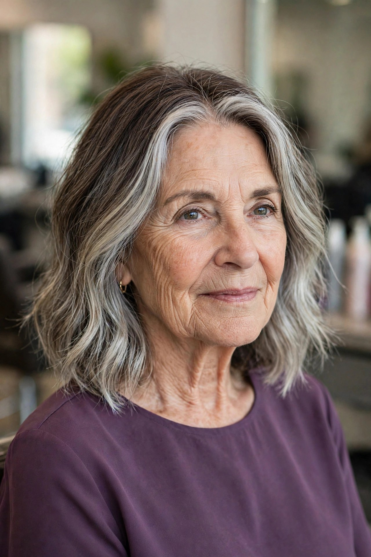 Silver-Blend Balayage Lob on a woman over 60