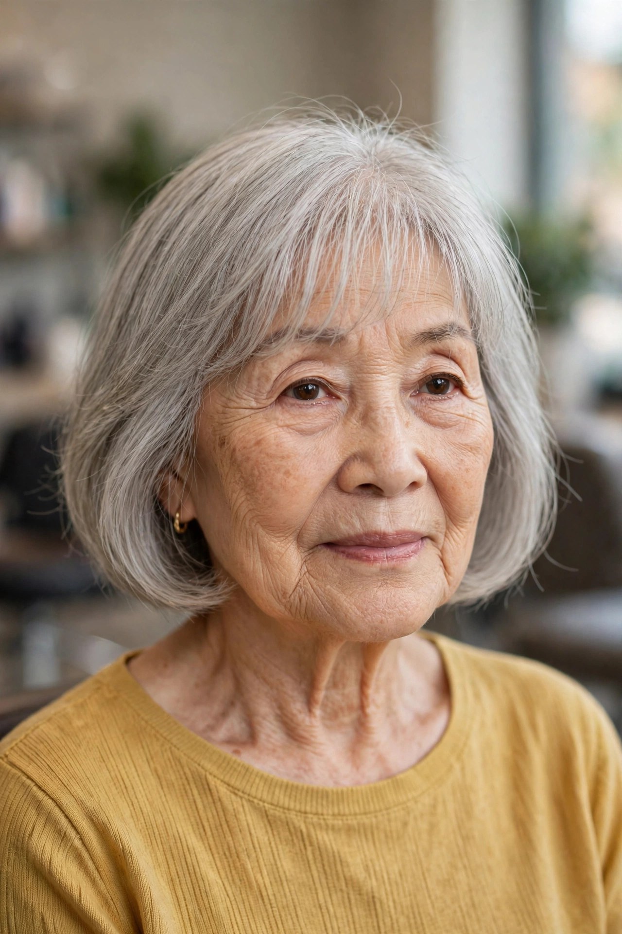 Bob with Wispy Birkin Bangs on a woman over 60