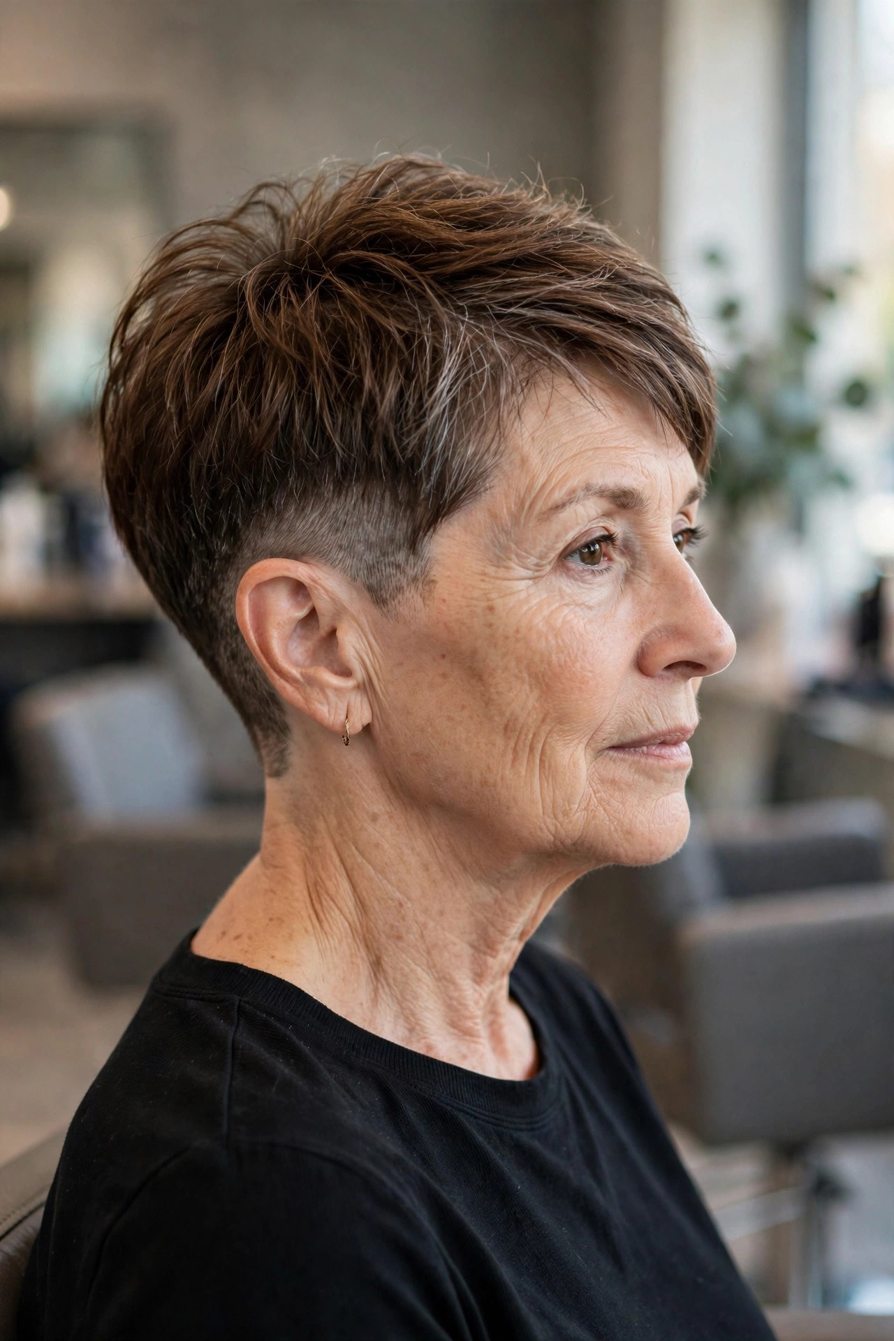 Soft Tapered Undercut Pixie - undercut pixie hairstyle on a woman over 50