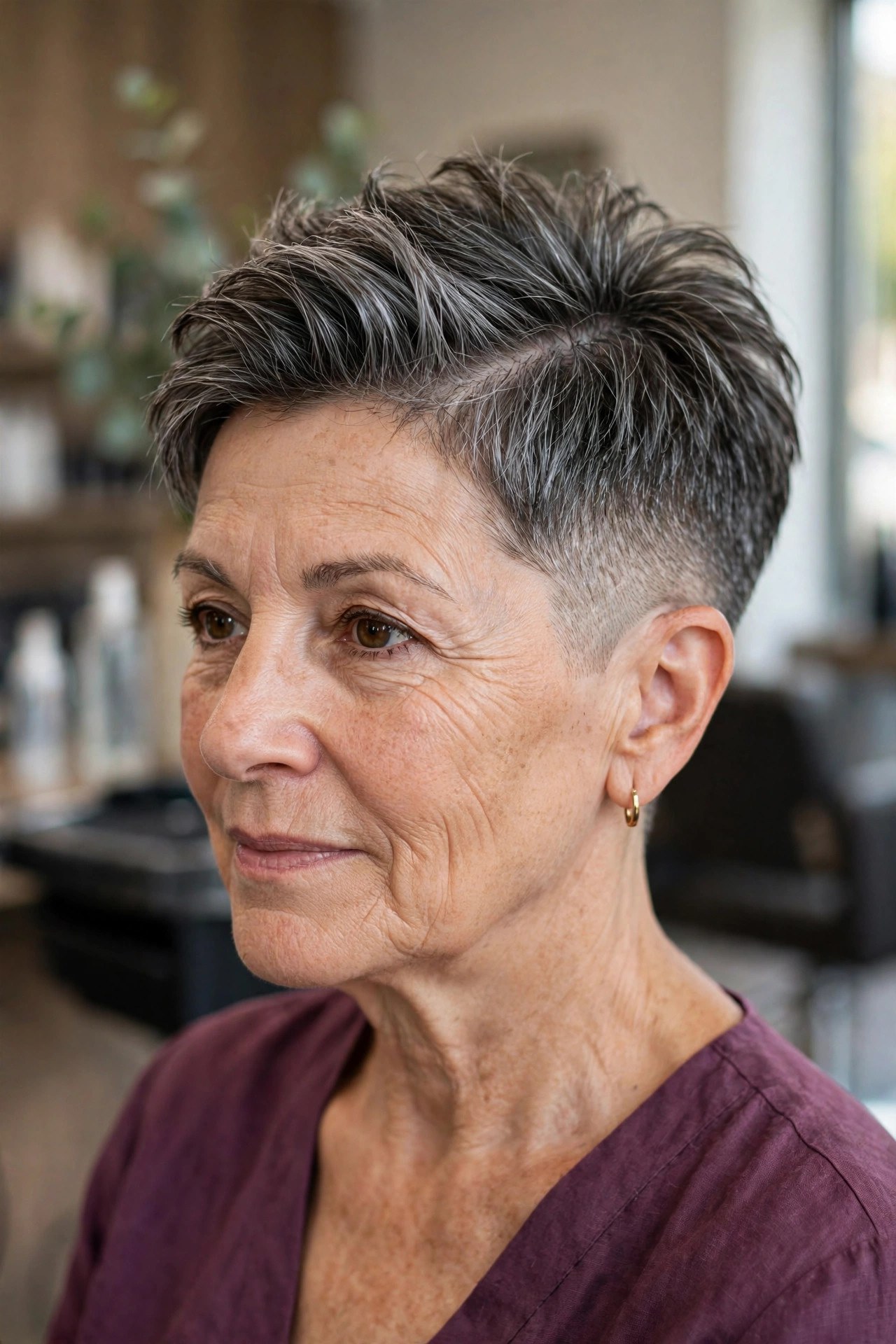 Soft Fauxhawk Undercut Pixie - undercut pixie hairstyle on a woman over 50