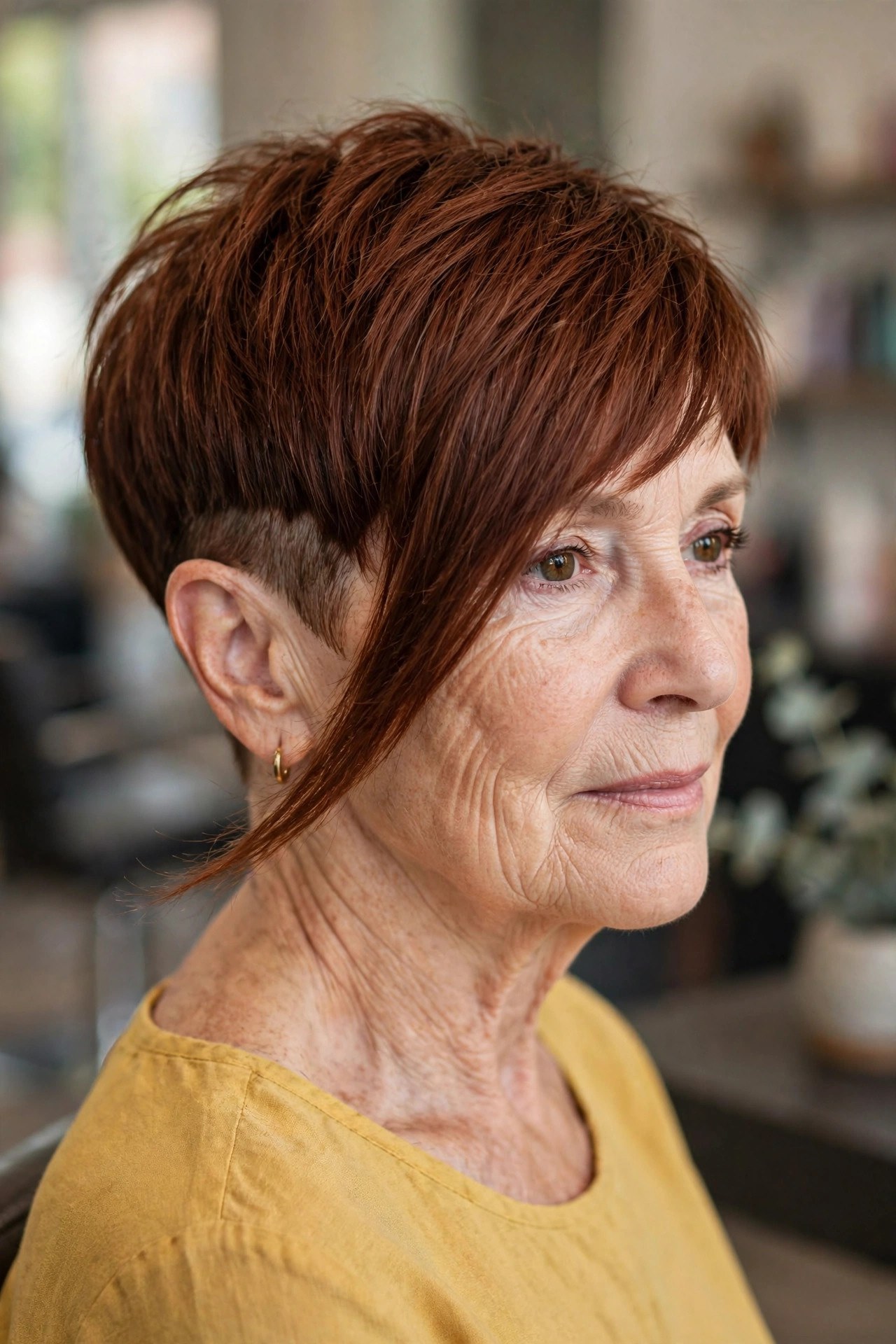 Disconnected Undercut Pixie with a Long Fringe - undercut pixie hairstyle on a woman over 50