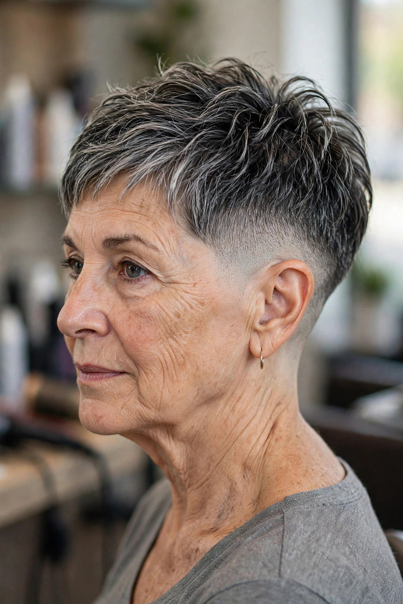 Salt and Pepper Undercut Pixie - undercut pixie hairstyle on a woman over 50
