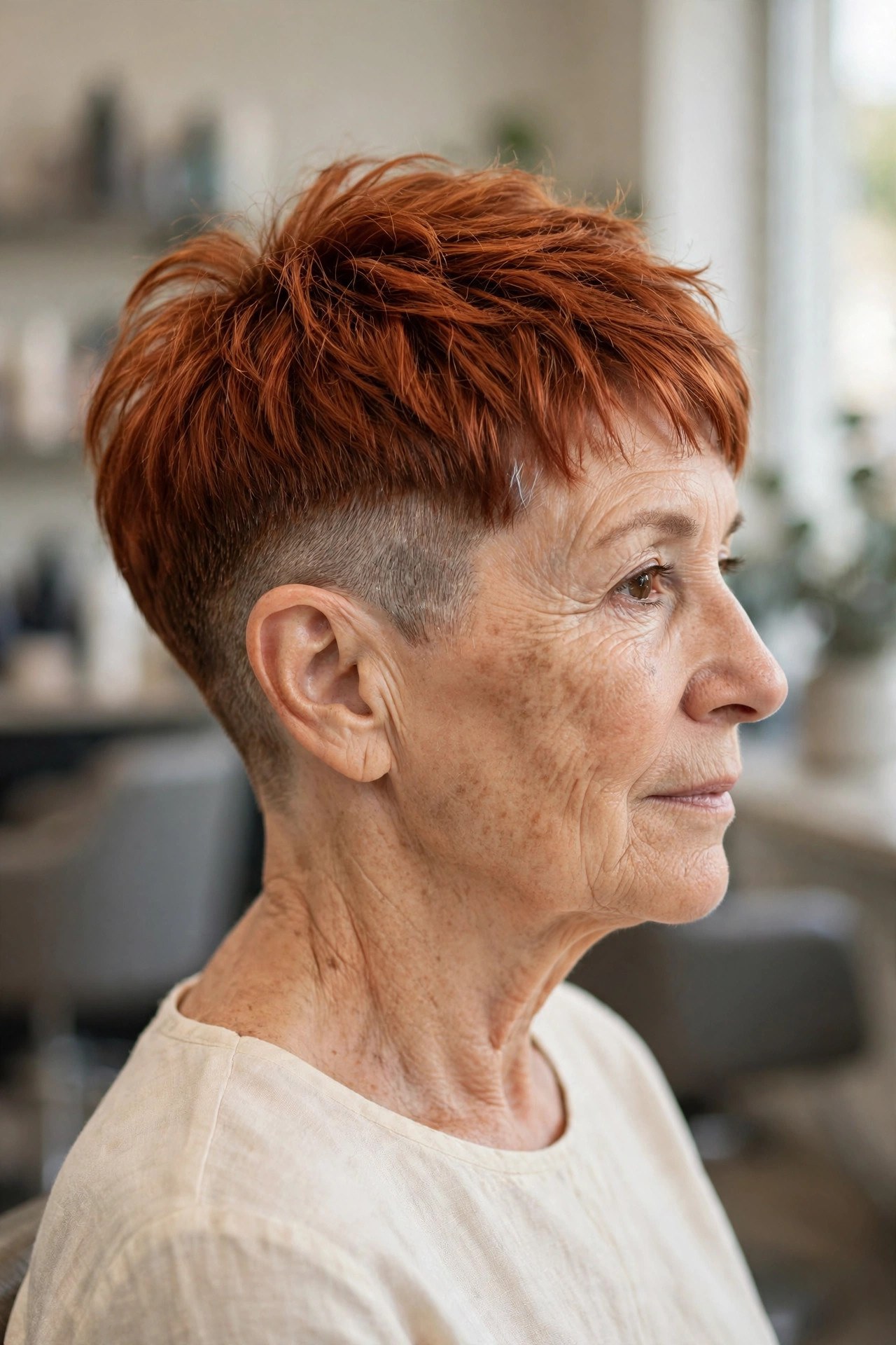 Warm Copper Undercut Pixie - undercut pixie hairstyle on a woman over 50