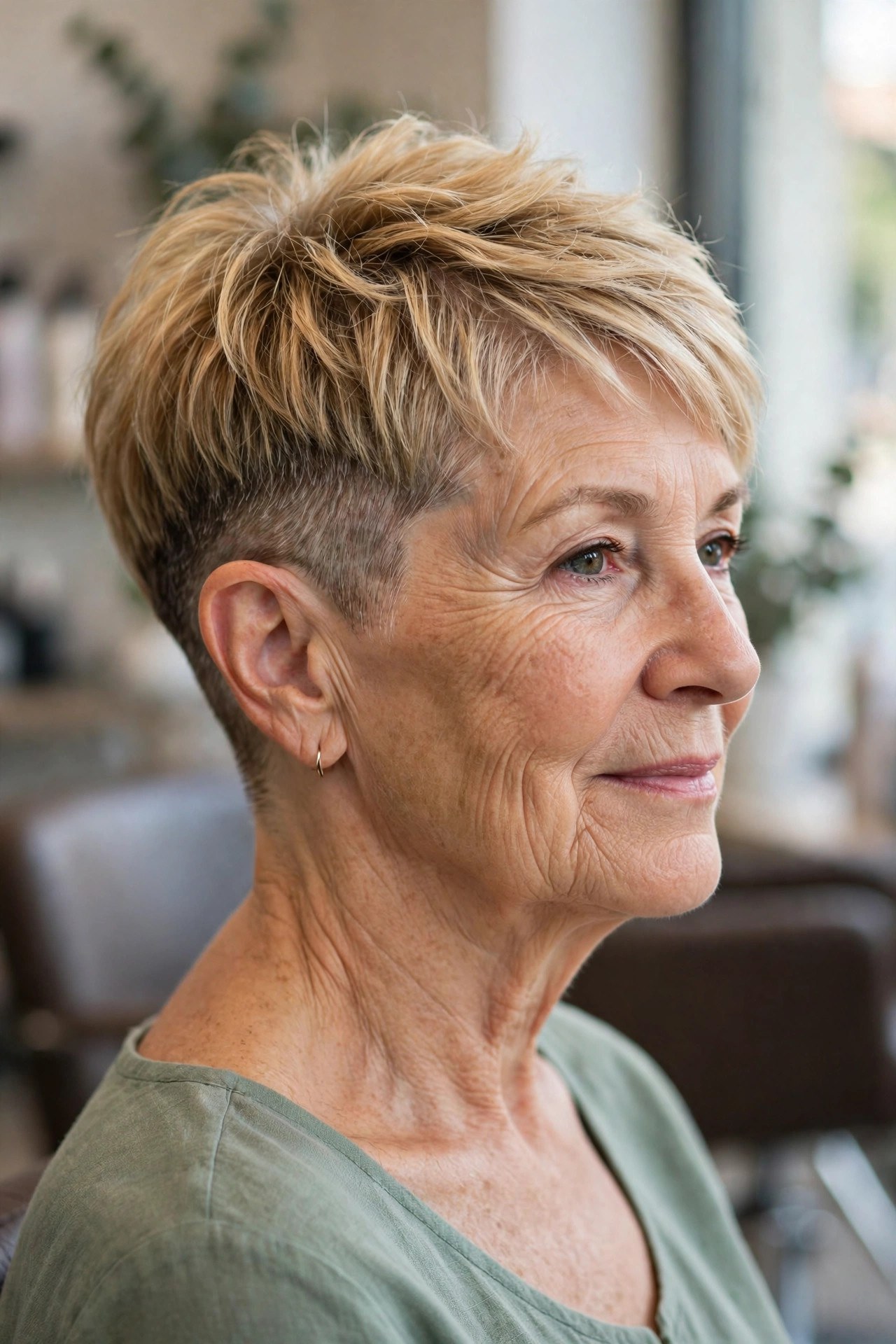Feathered Pixie with a Low Fade Undercut - undercut pixie hairstyle on a woman over 50