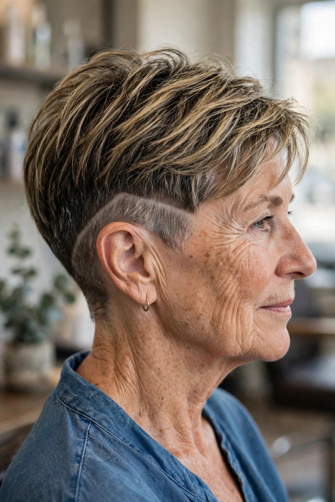 Undercut Pixie with a Subtle Shaved Line - undercut pixie hairstyle on a woman over 50