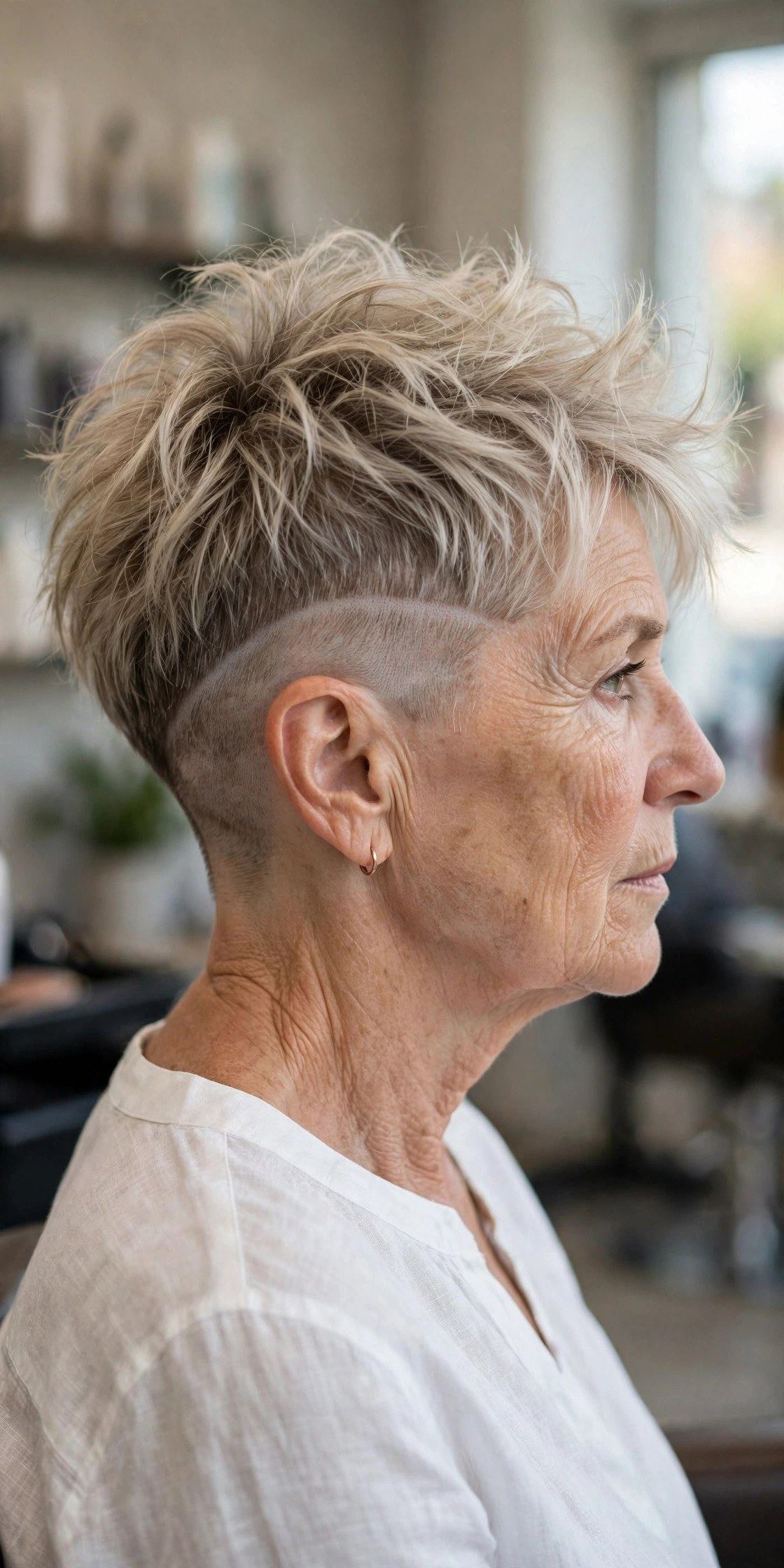 Tousled Messy Undercut Pixie - undercut pixie hairstyle on a woman over 50